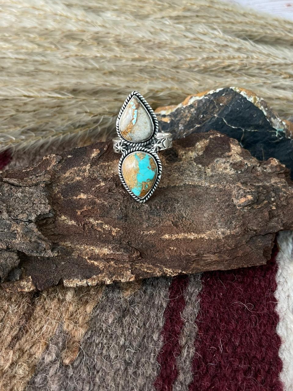 Handmade Sterling Silver Royston Ribbon Turquoise Adjustable Ring "Signed Nizhoni"