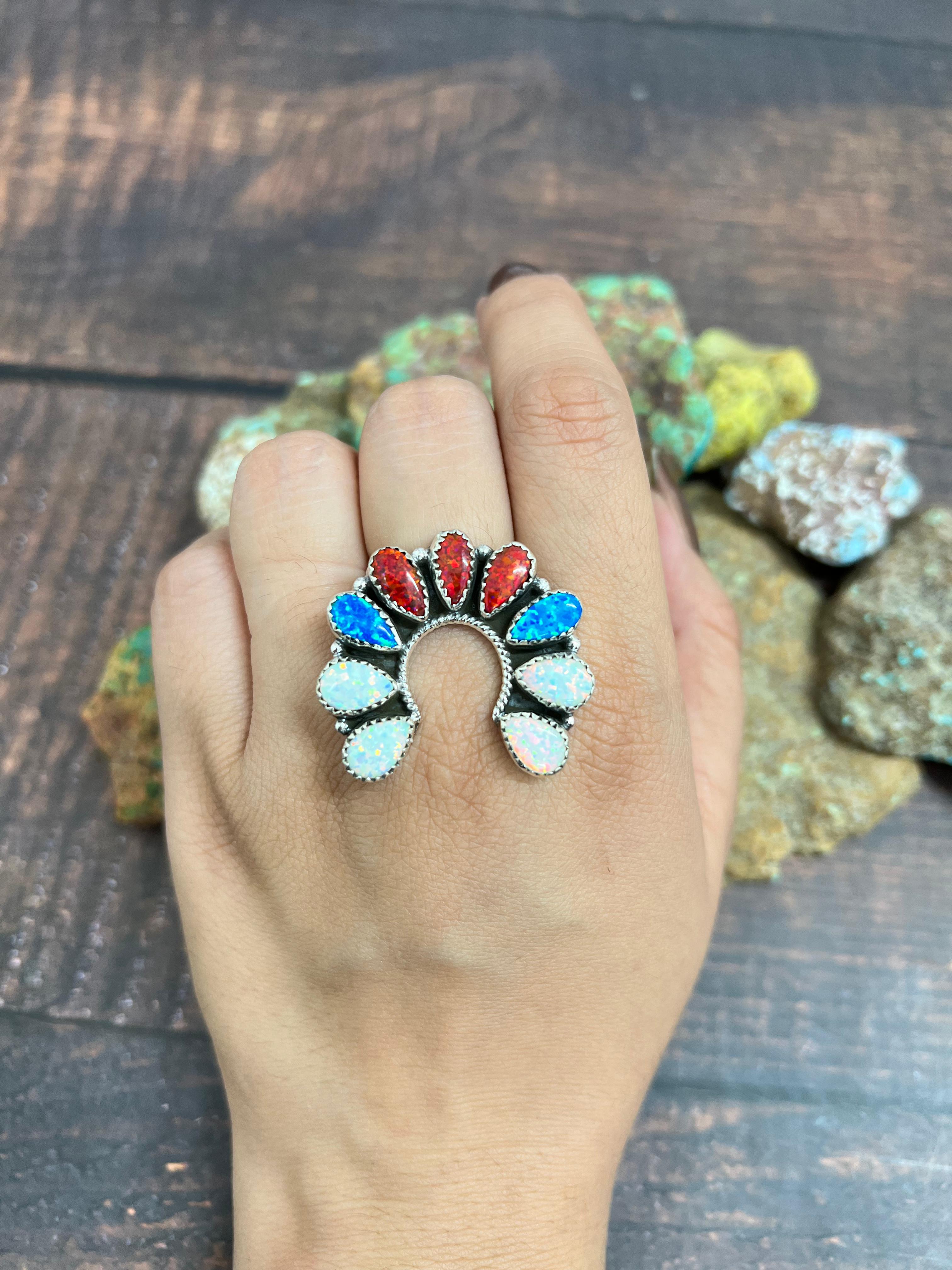 ** 4TH OF JULY ** Handmade Sterling Silver Synthetic Opal Adjustable Ring with Signed Nizhoni