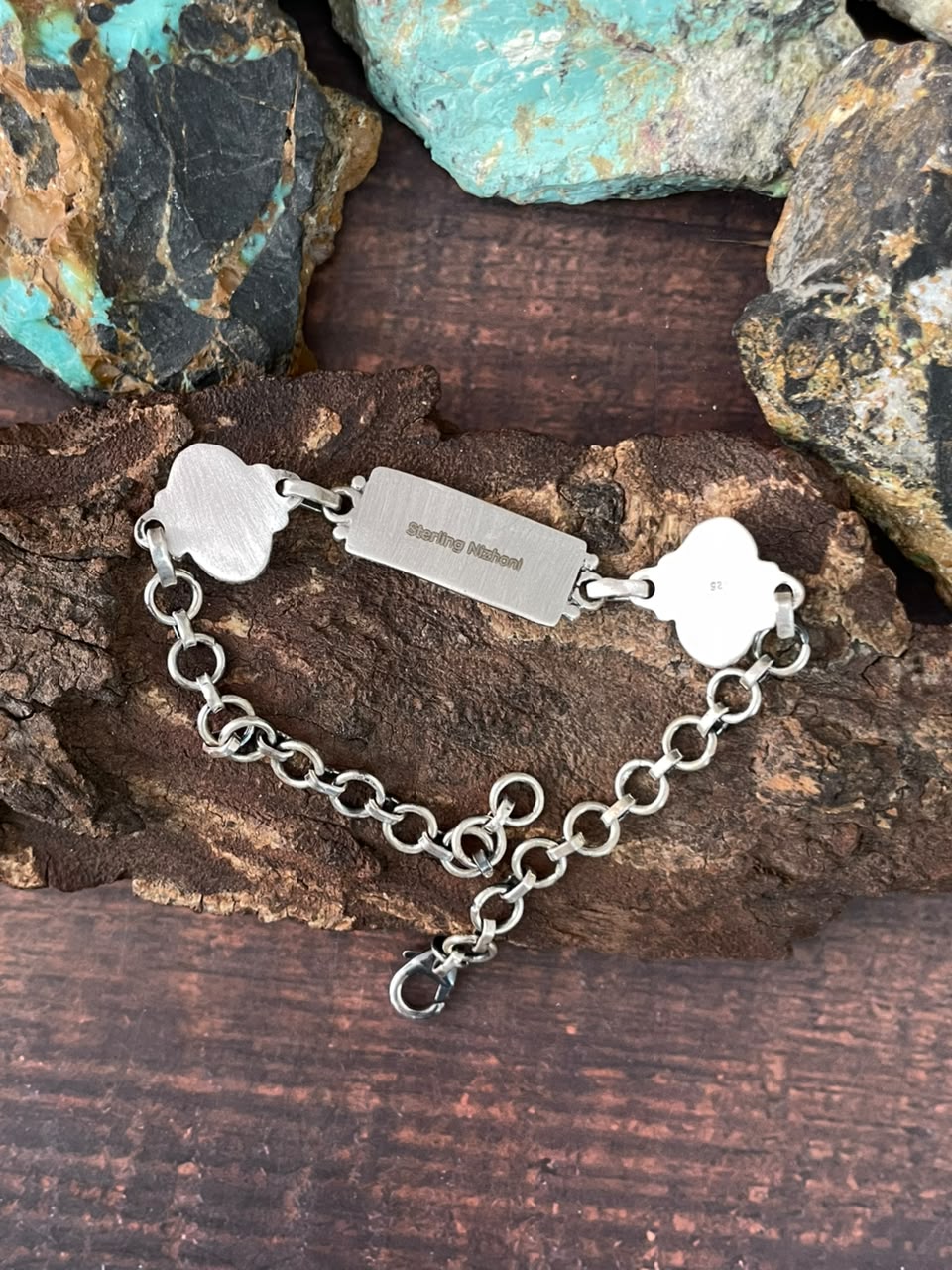 Handmade Sterling Silver Kingman Turquoise NFR Collection: Chain Bracelet Signed Nizhoni