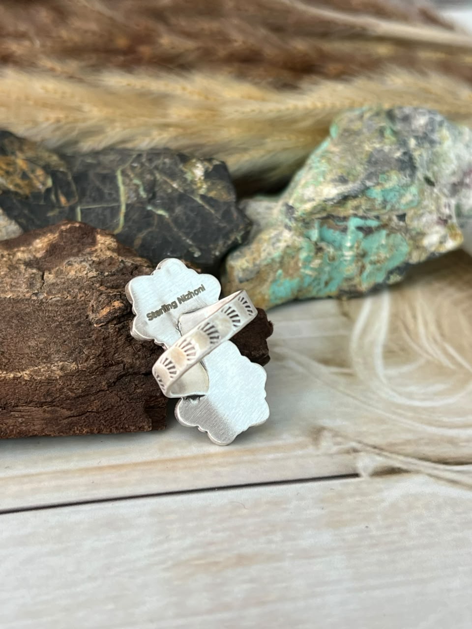Handmade Sterling Silver Paloma with Kingman Turquoise Adjustable Ring Signed Nizhoni