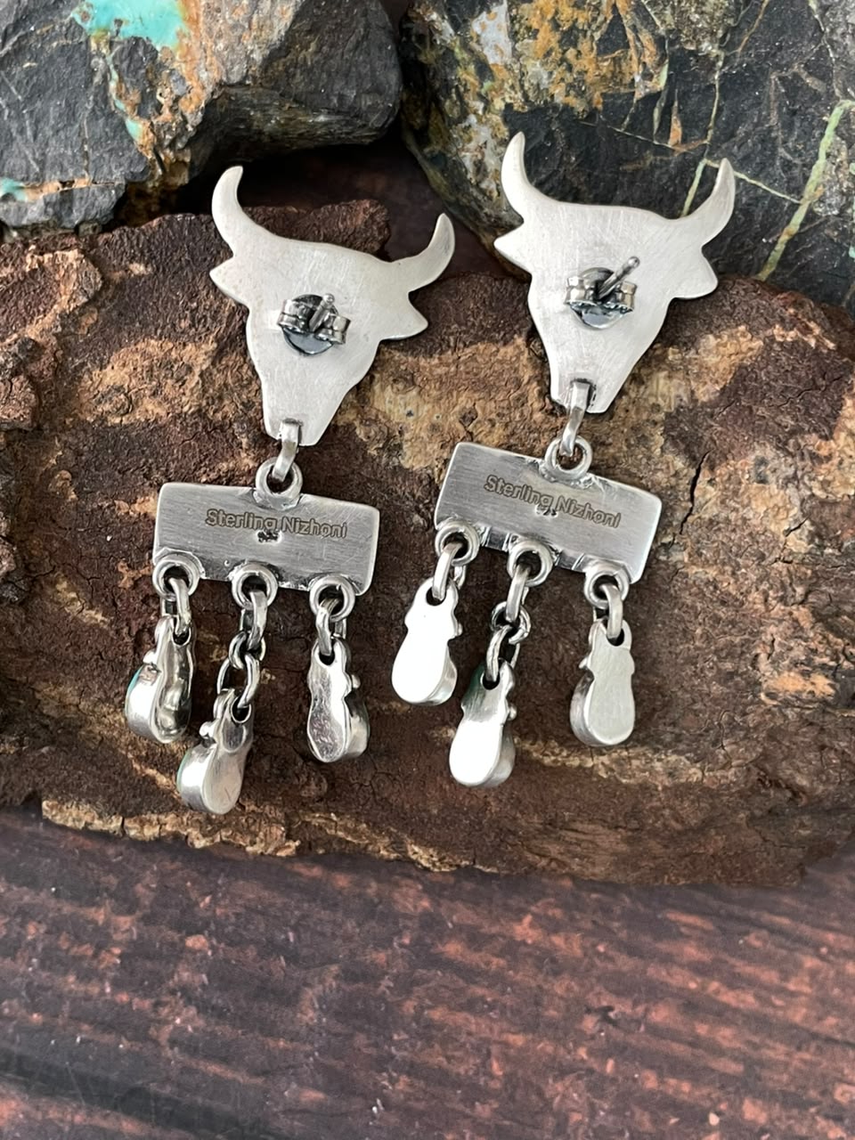 Handmade Sterling Silver Kingman Turquoise NFR Collection: Bull Head Post Dangle Earrings Signed Nizhoni