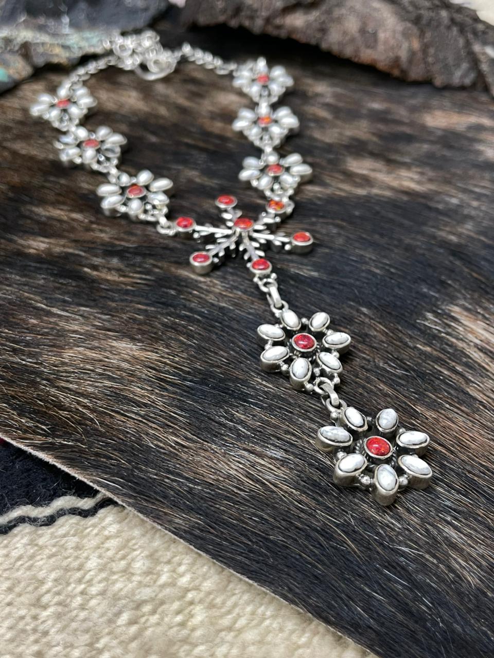 Handmade Sterling Silver White Buffalo with Red Opal Necklace "Signed Nizhoni"