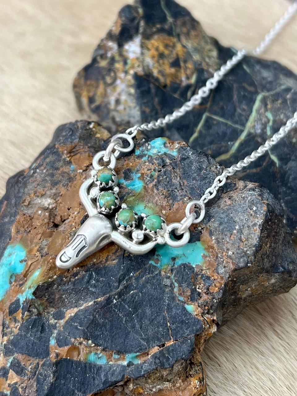 Handmade Sterling Silver Kingman Turquoise Bull Necklace "Signed Nizhoni"