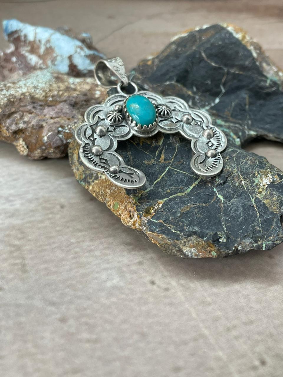 Handmade Sterling Silver Kingman Turquoise Naja Pendant "Signed Nizhoni"