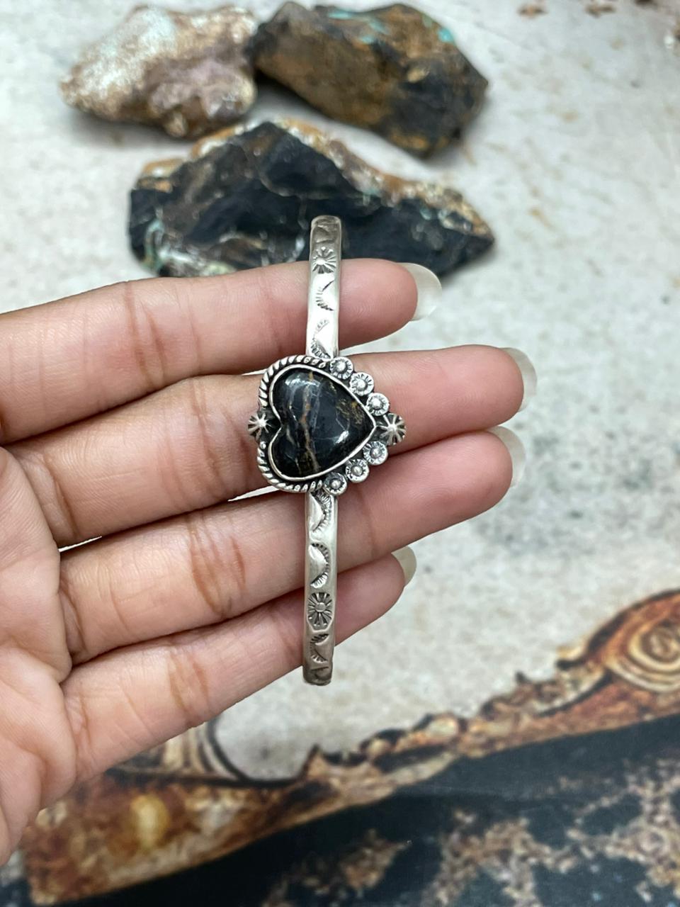 Handmade Sterling Silver Blackjack Turquoise Heart Cuff Bracelet "Signed Nizhoni"