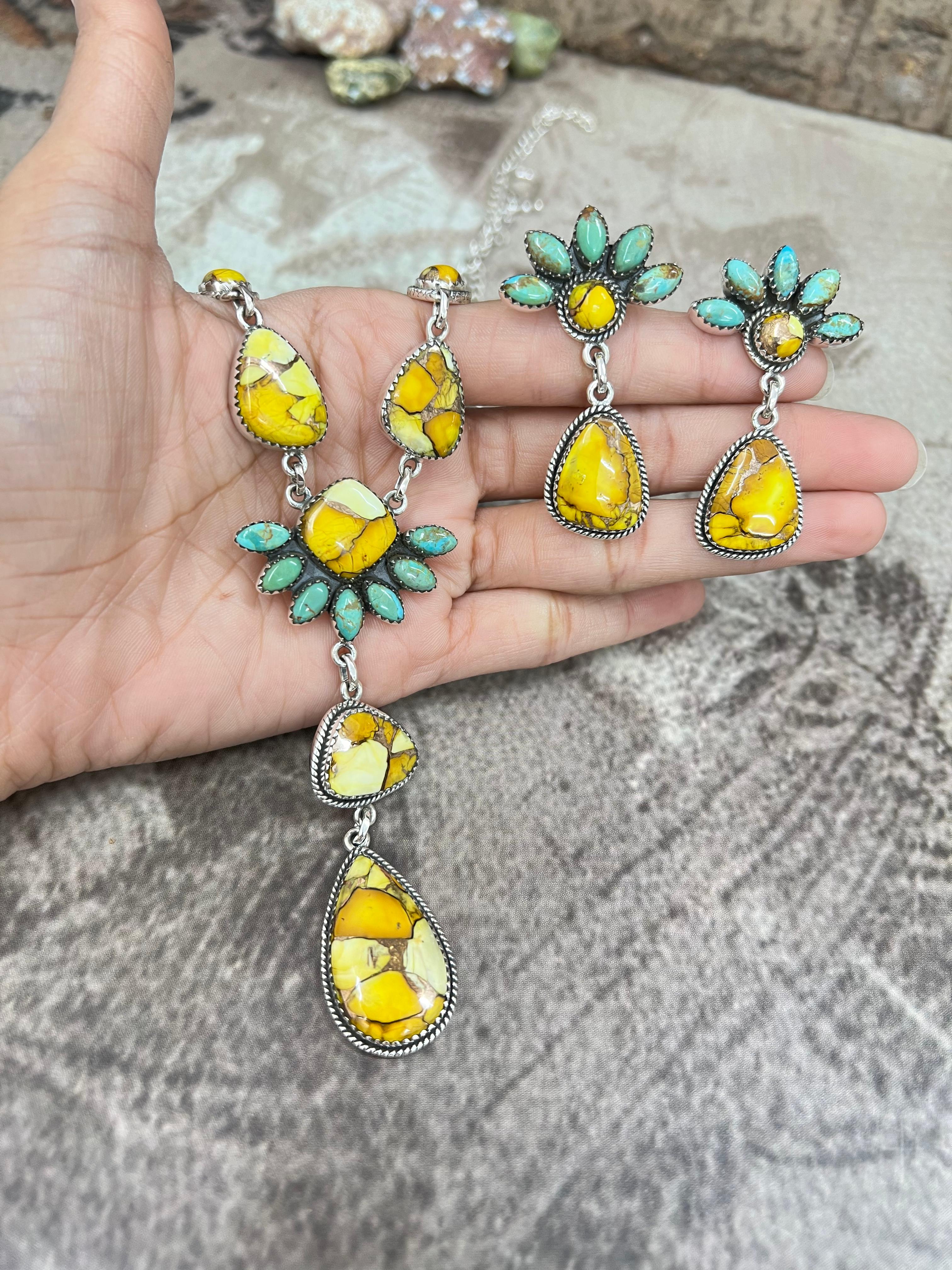 Handmade Sterling Silver Honey Dahlia with Kingman Turquoise Necklace Earrings Set, Signed Nizhoni