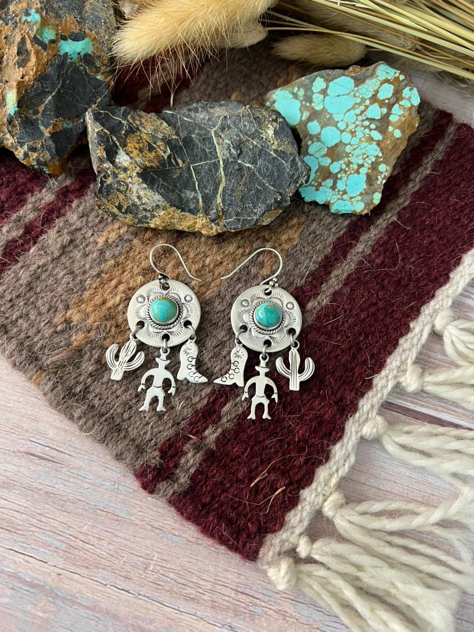 Handmade Sterling Silver Kingman Turquoise Hook Dangle Earrings "Signed Nizhoni"