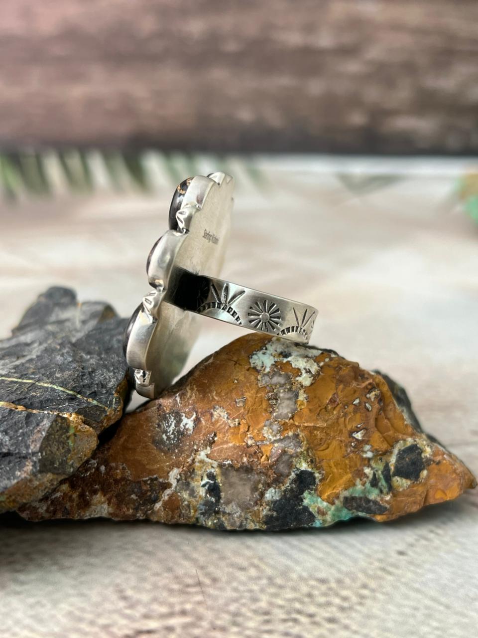 Handmade Sterling Silver Blackjack Turquoise Adjustable Ring " Signed Nizhoni"