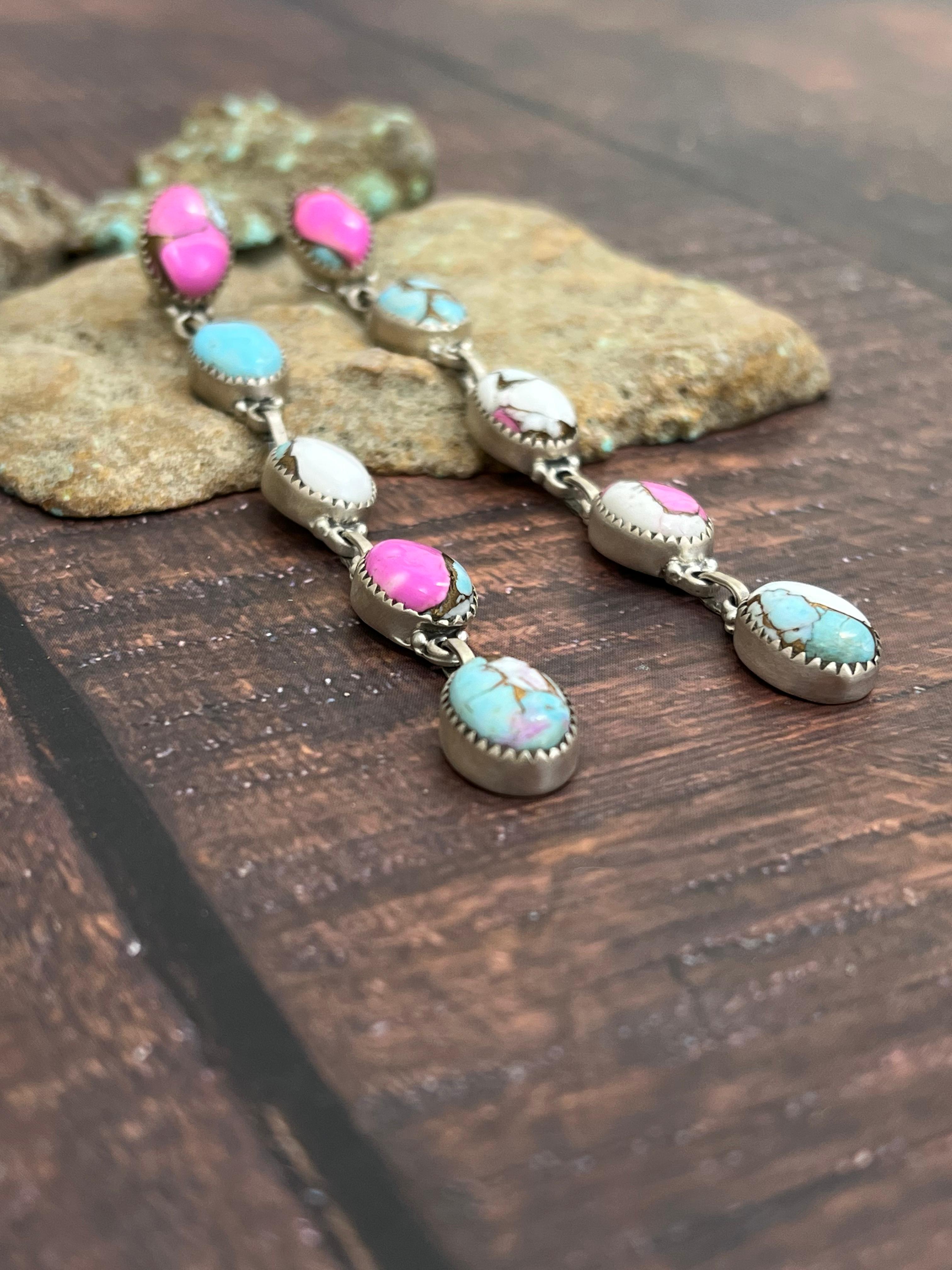 Handmade Sterling Silver Cotton Candy Turquoise Dangle Earrings with Signed Nizhoni