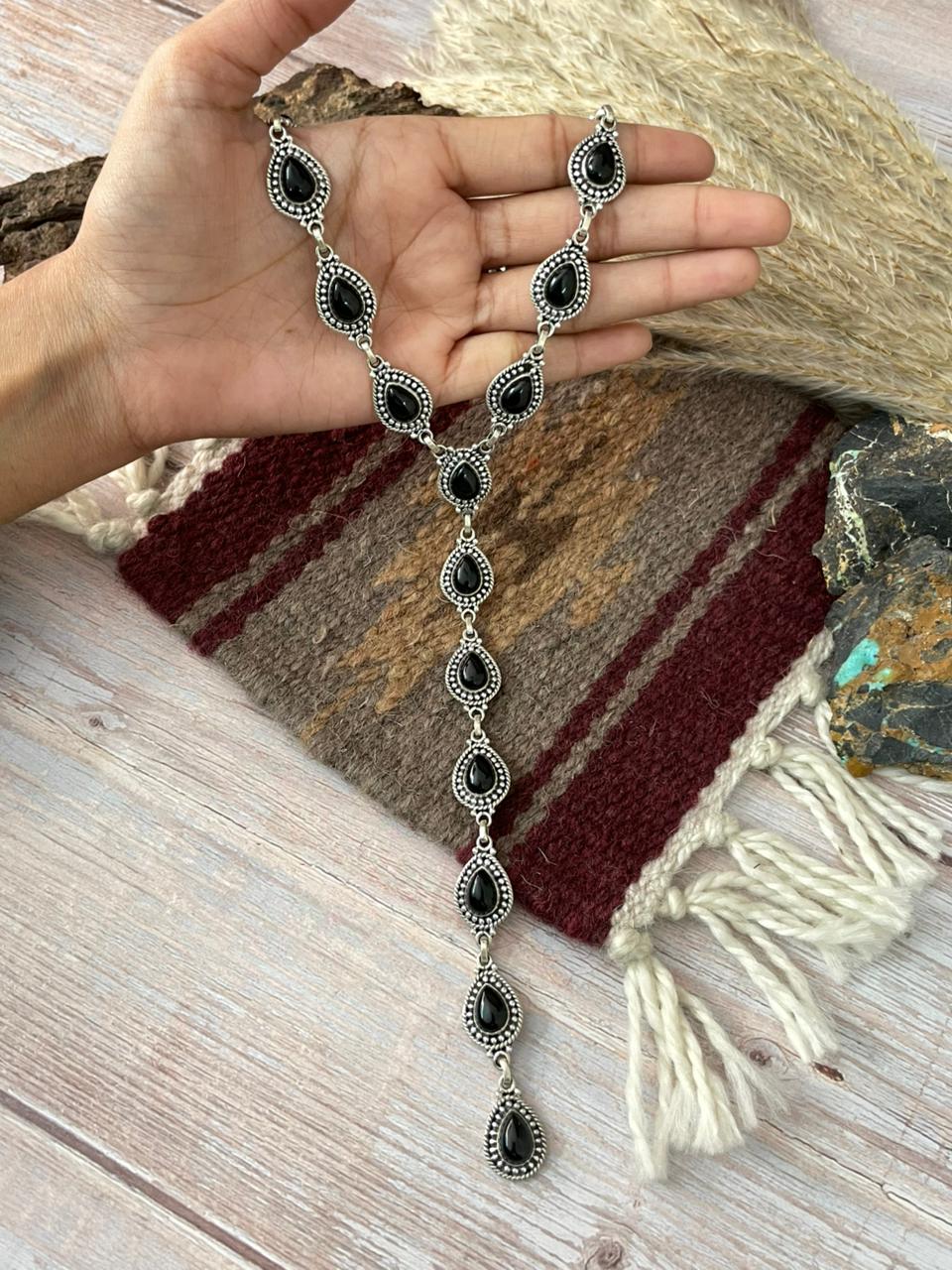 Handmade Sterling Silver Black Onyx 'Y Shaped' Necklace "Signed Nizhoni"