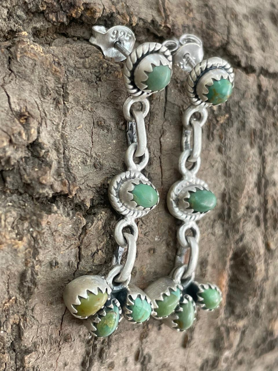 Handmade Sterling Silver Kingman Turquoise Post Dangle Earrings "Signed Nizhoni"