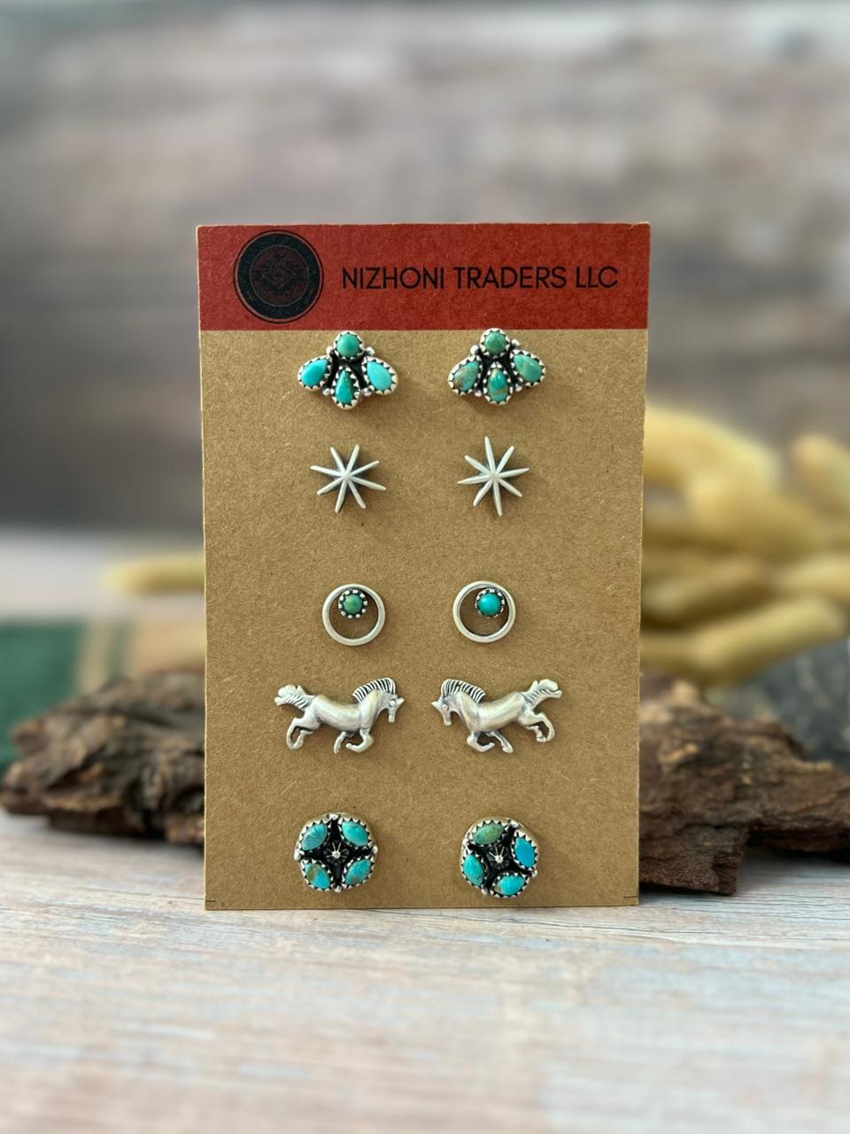 Handmade Sterling Silver Kingman Turquoise Studs Earrings Card