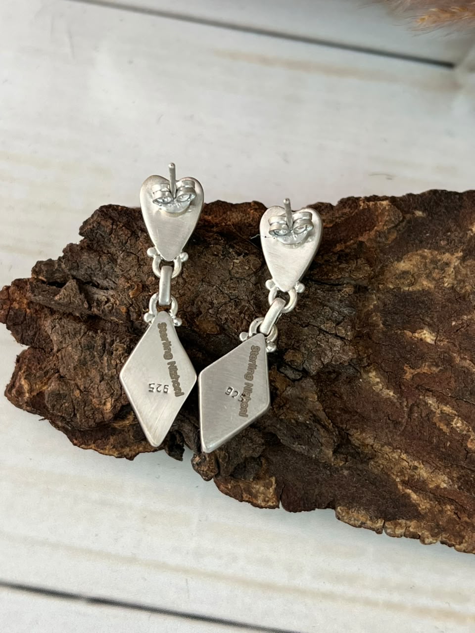Handmade Sterling Silver Kingman Turquoise Post Dangle Heart Earrings Signed Nizhoni
