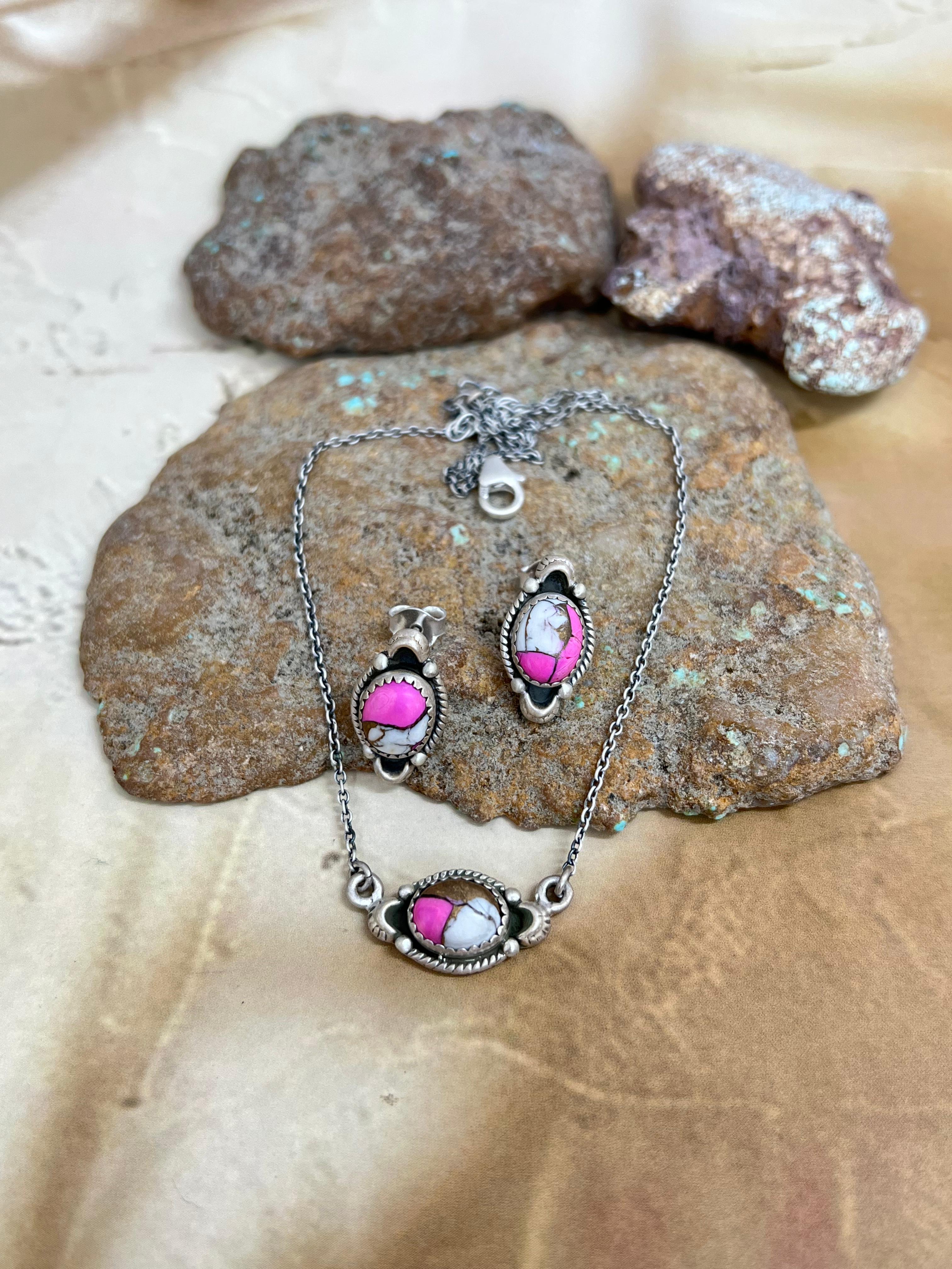 Handmade Sterling Silver Cotton Candy Turquoise Necklace Earrings Set, Signed Nizhoni