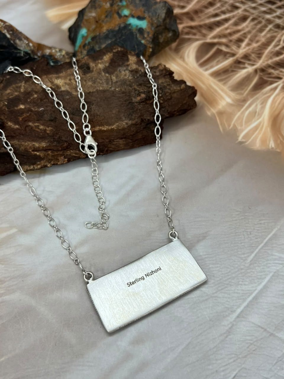 Handmade Sterling Silver Kingman Turquoise Bar Necklace Signed Nizhoni