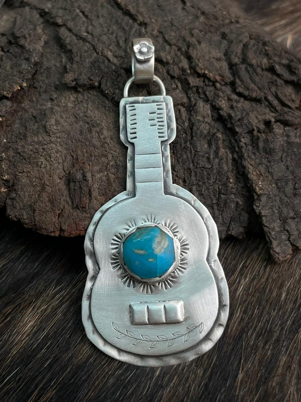 Handmade Sterling Silver Kingman Turquoise Guitar Pendant "Signed Nizhoni"
