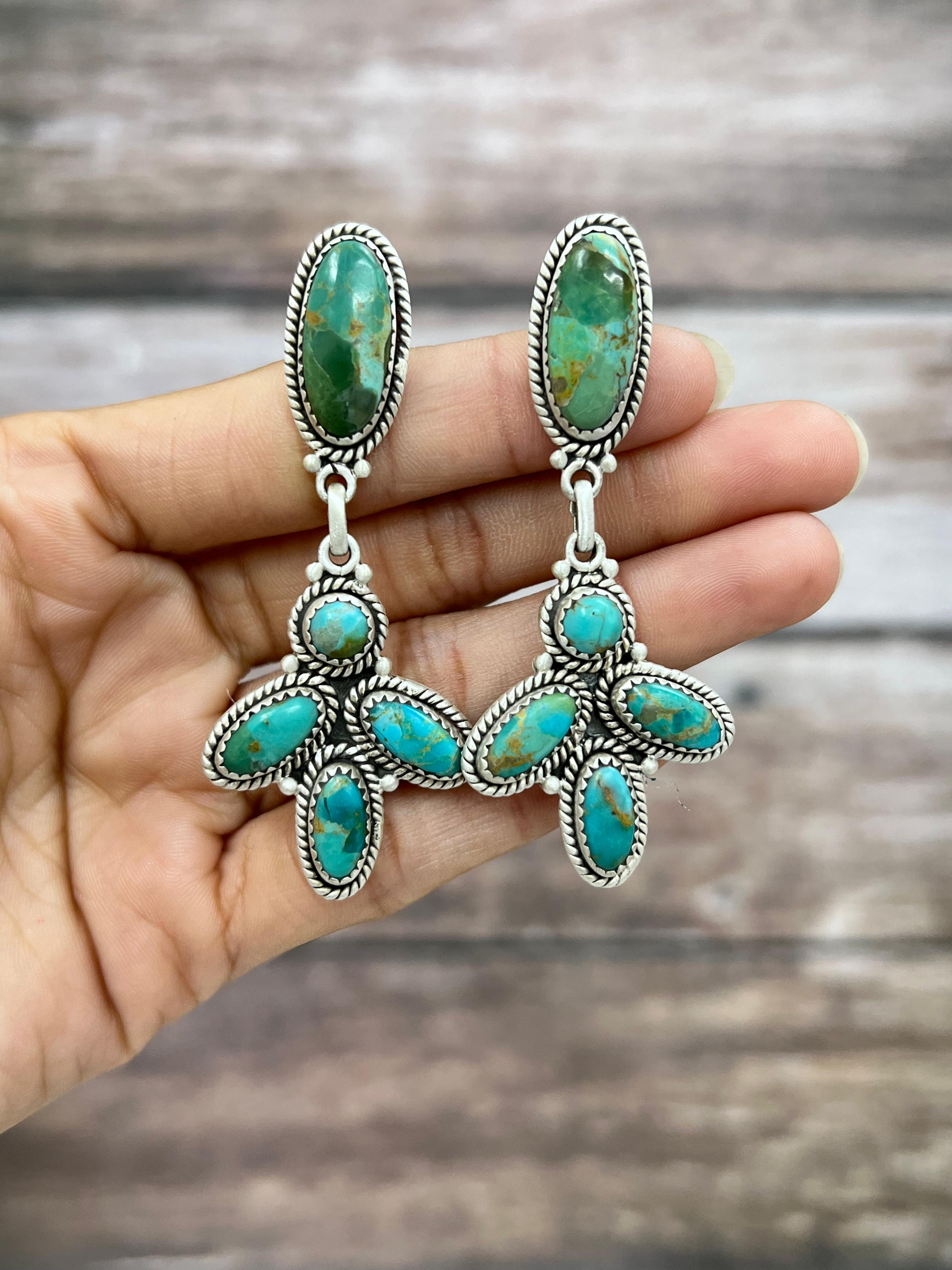 Handmade Sterling Silver Kingman Turquoise Post Dangle Earrings with Signed Nizhoni