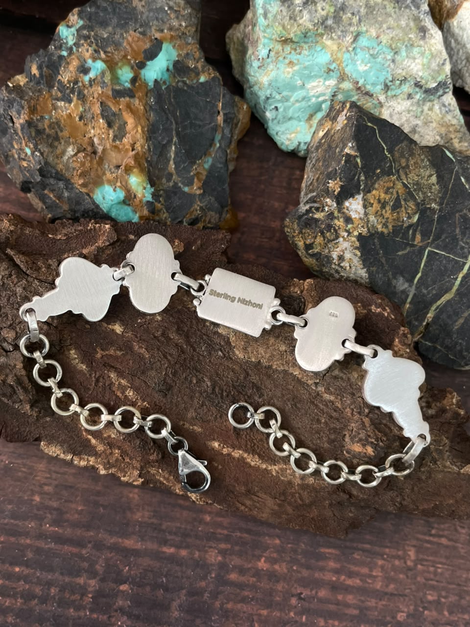 Handmade Sterling Silver Kingman Turquoise NFR Collection: Chain Bracelet Signed Nizhoni