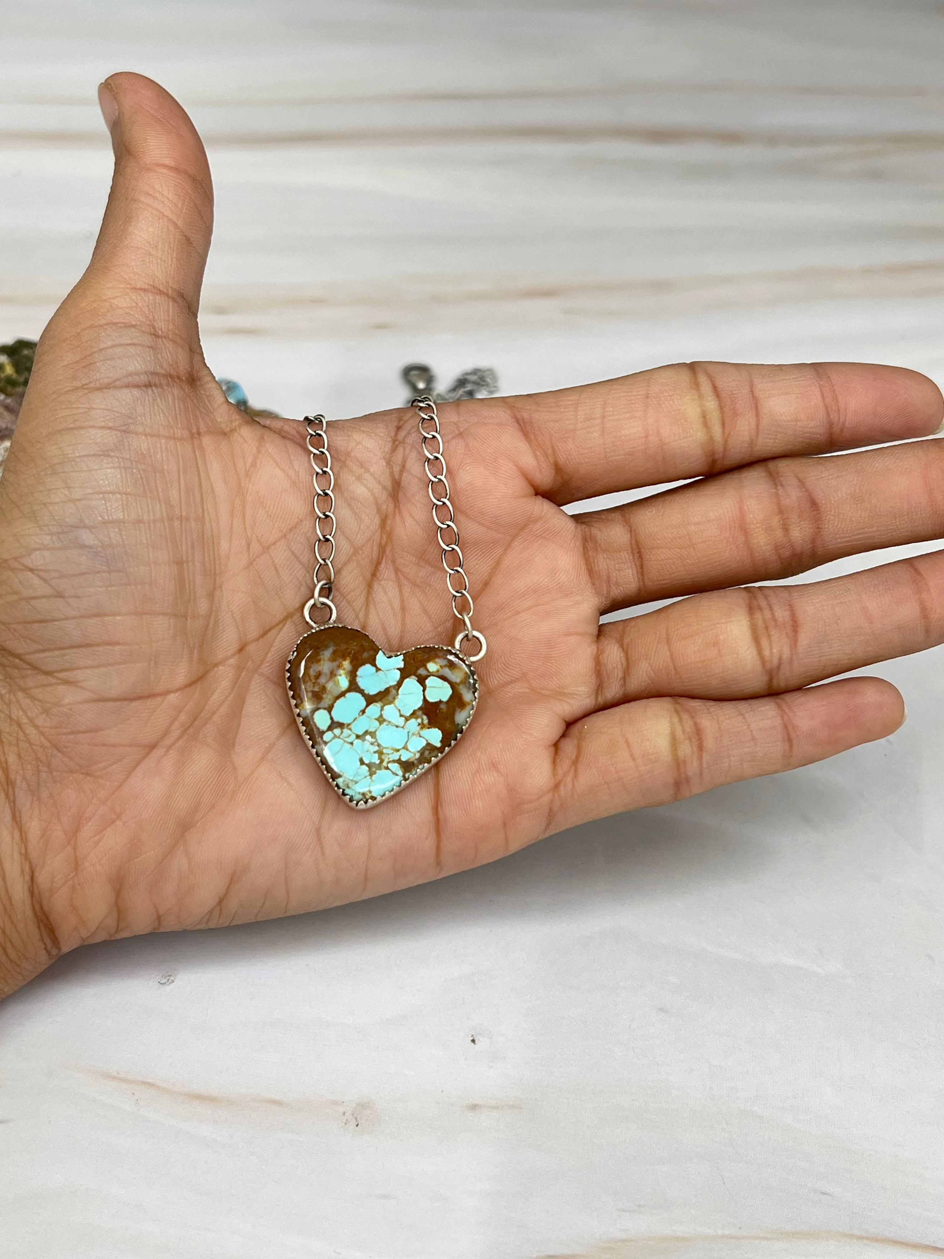 Handmade Sterling Silver Number 8 Turquoise Heart Pendant Necklace with Signed Nizhoni (6)