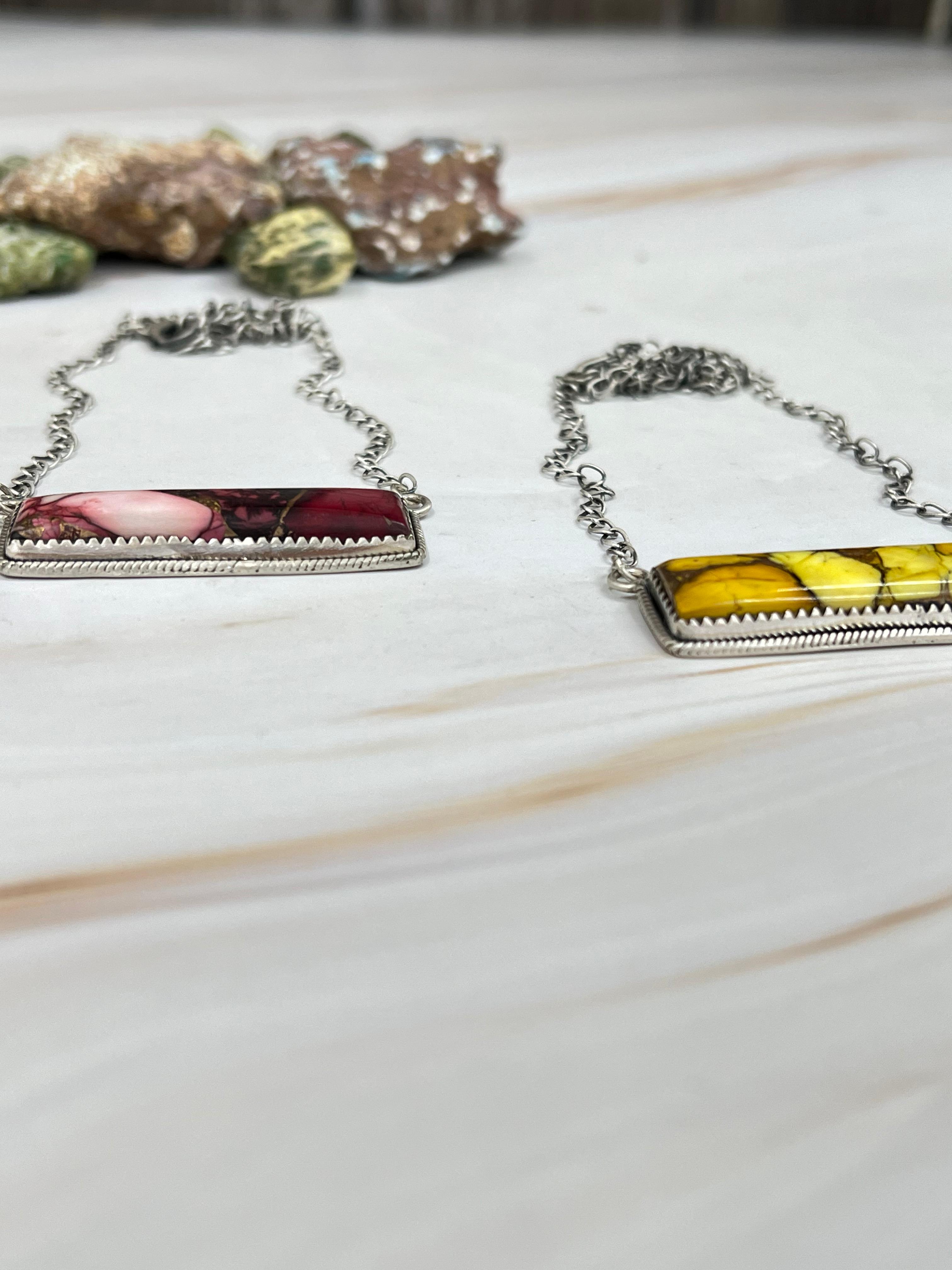 Handmade Sterling Silver Dahlia Rose, Honey Dahlia Bar Necklace with Signed Nizhoni