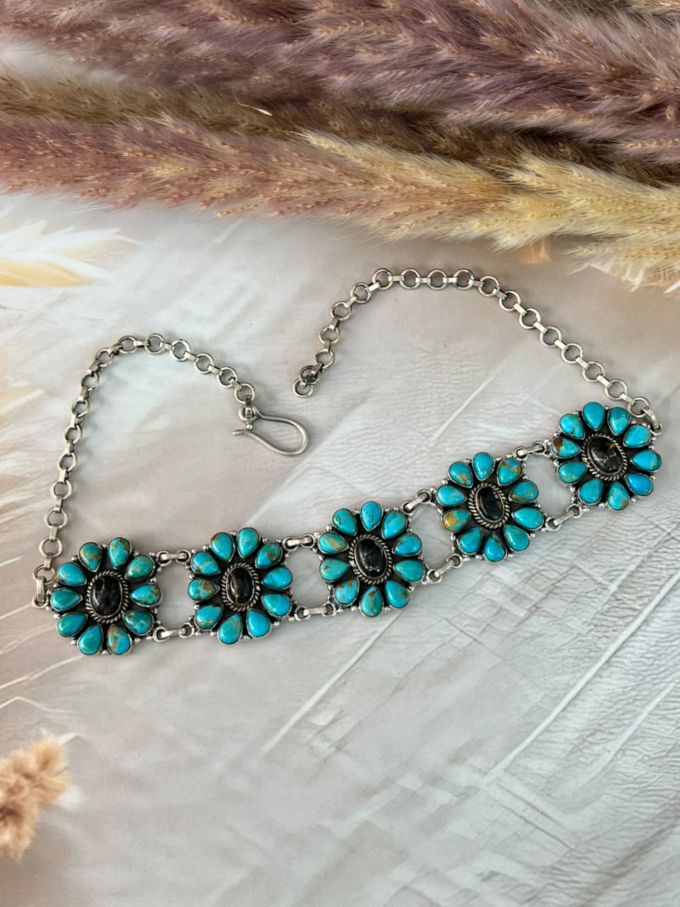 Handmade Sterling Silver Blackjack with Kingman Turquoise Choker Necklace Signed Nizhoni