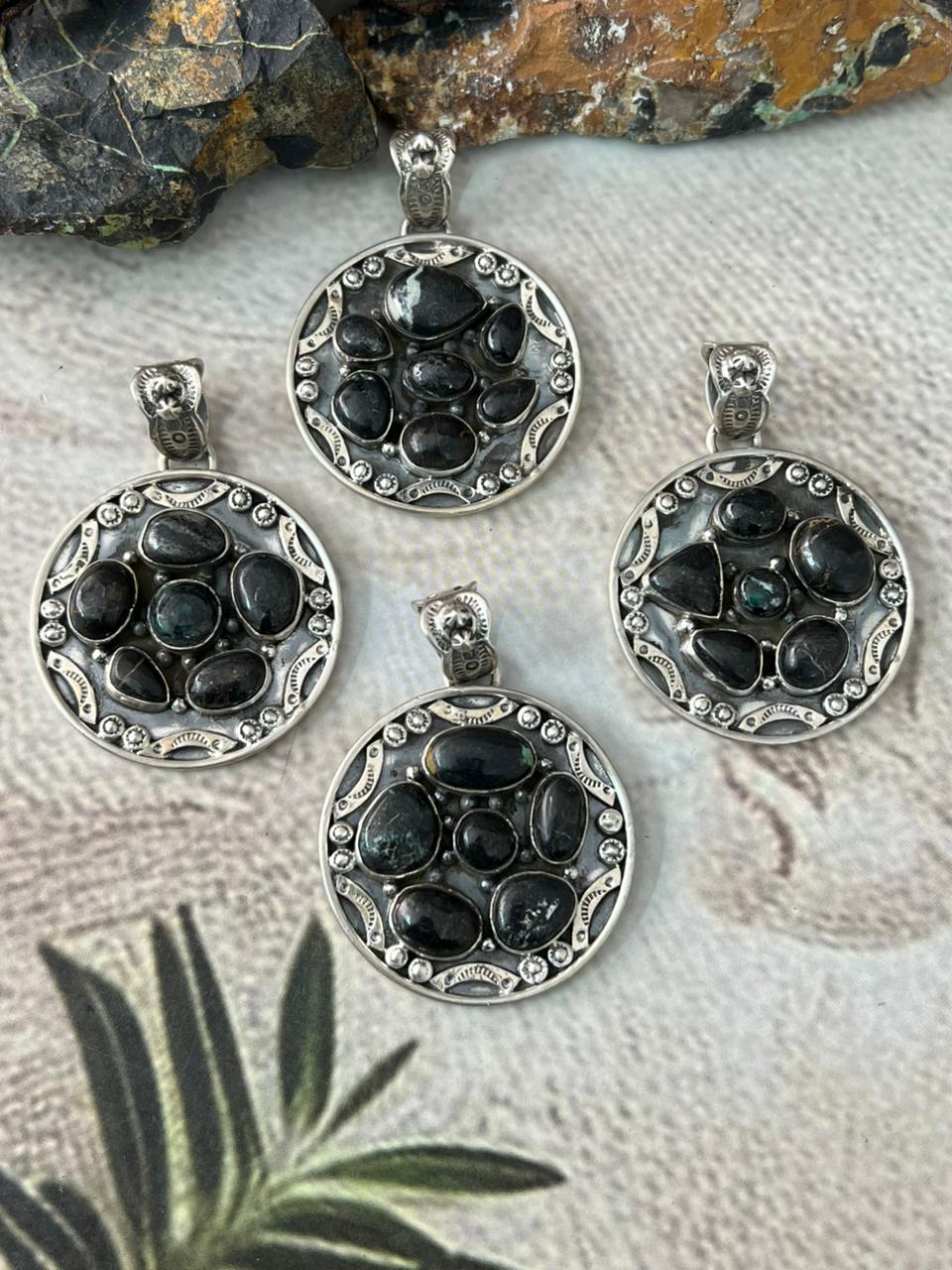 Handmade Sterling Silver Blackjack Turquoise Pendant "Signed Nizhoni"