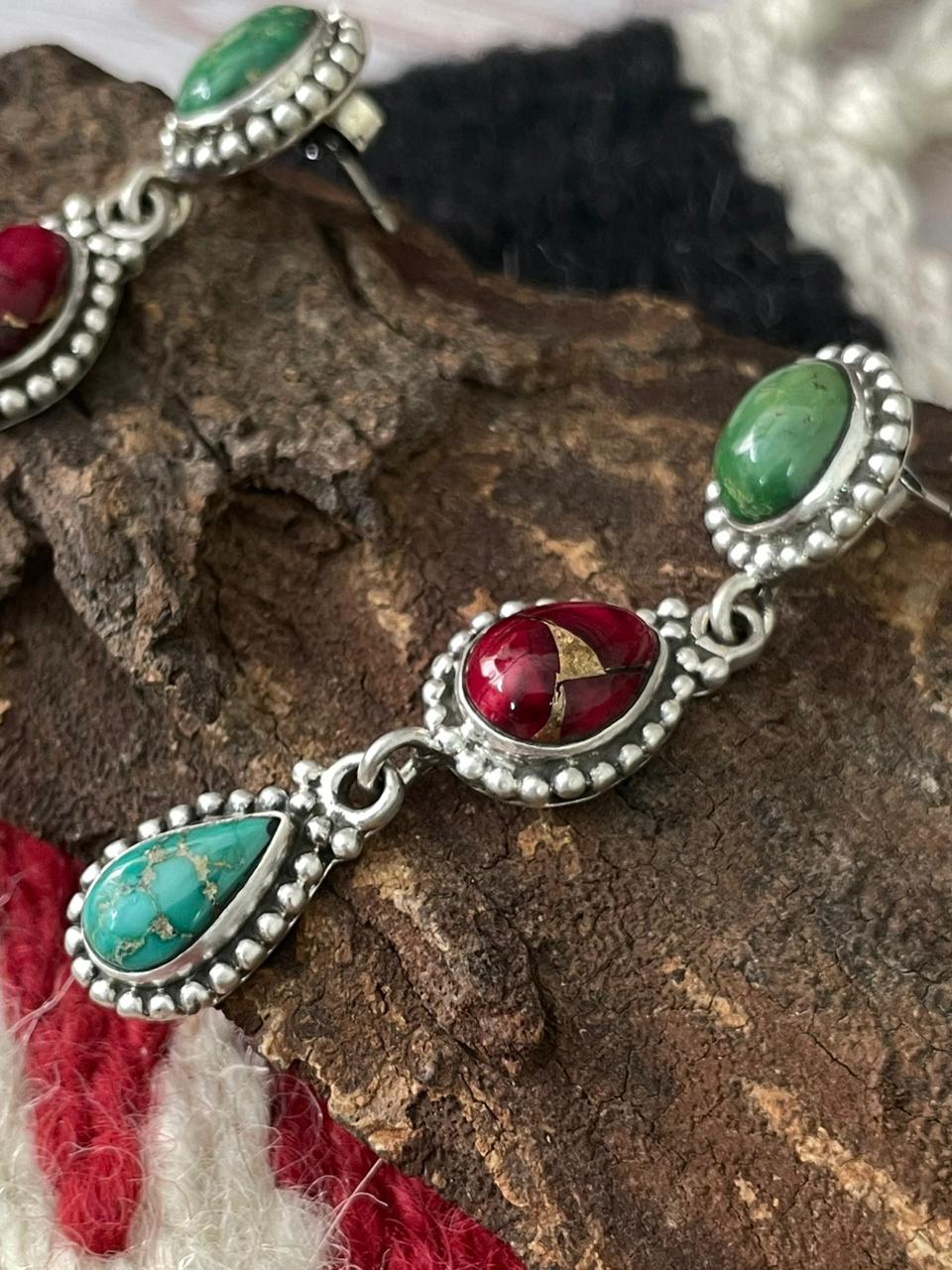 Handmade Sterling Silver Dahlia Rose with Emerald Valley Turquoise Post Earrings "Signed Nizhoni"