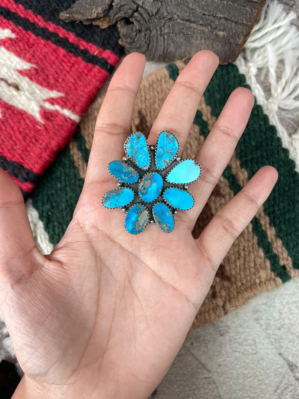 Handmade Sterling Silver Blue Kingman Turquoise Adjustable Ring Signed Nizhoni