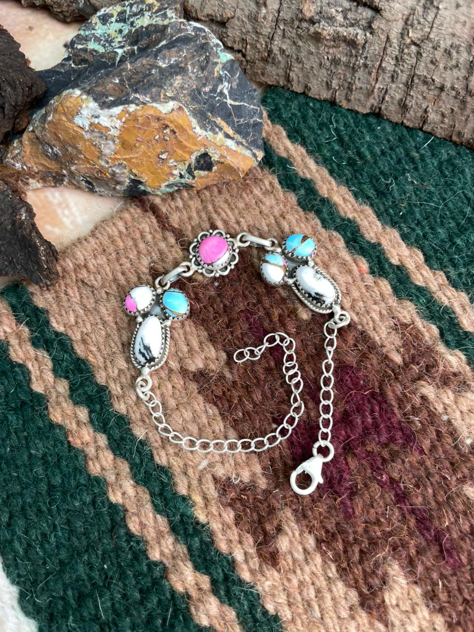 Handmade Sterling Silver Cotton Candy with White Buffalo Chain Bracelet "Signed Nizhoni"