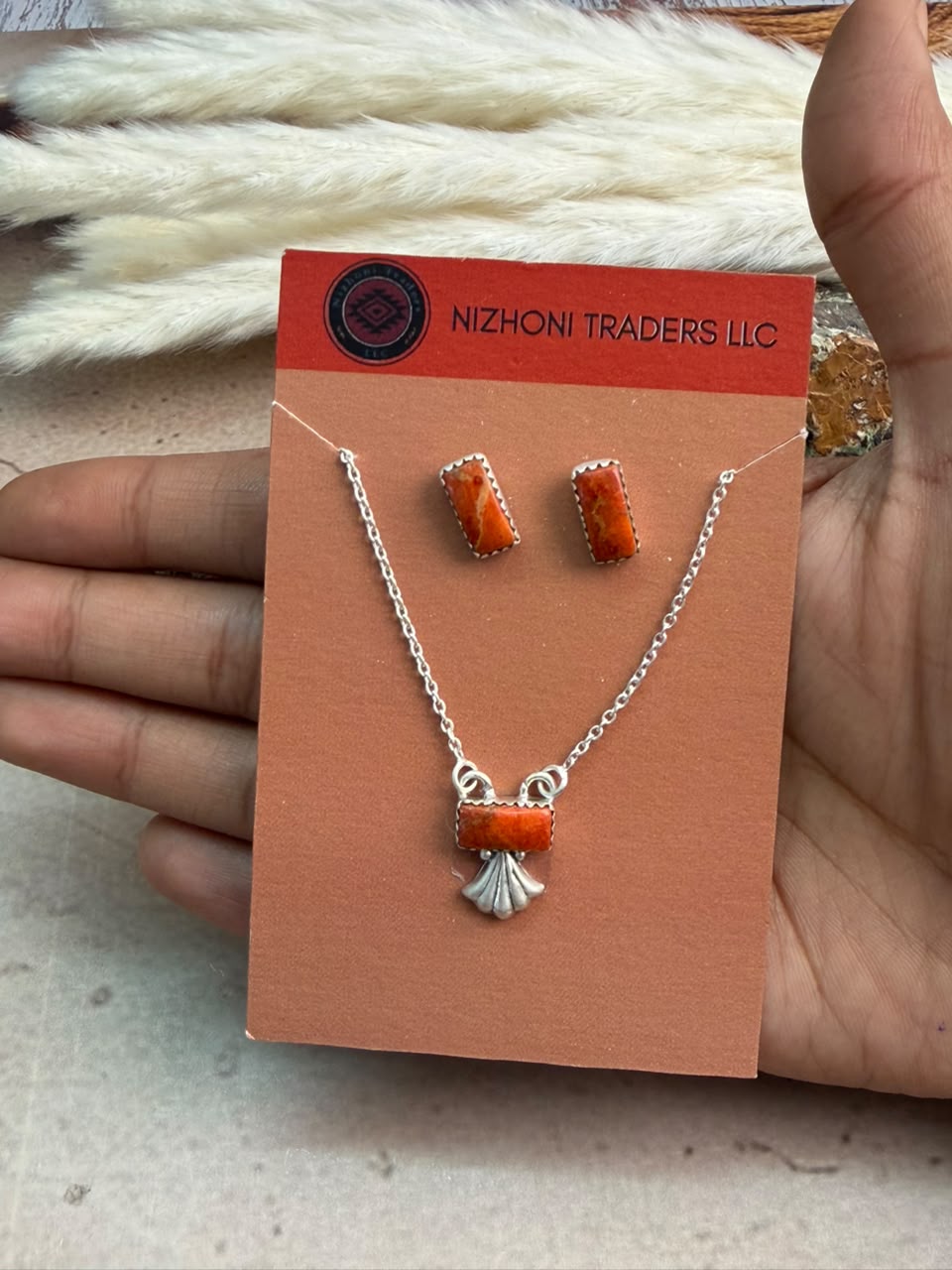 Handmade Sterling Silver Orange Mojave Necklace and Earrings Set Card