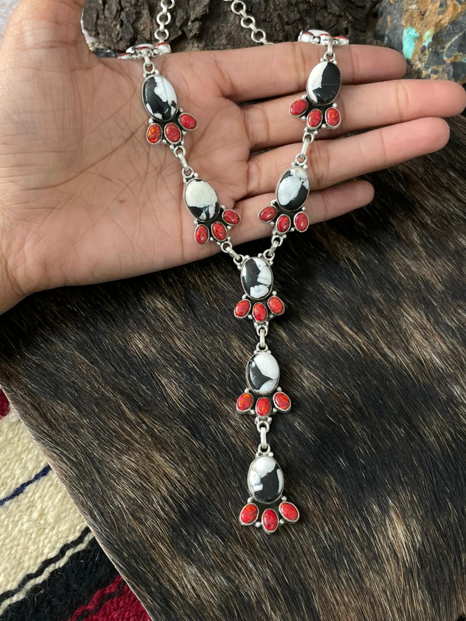 Handmade Sterling Silver White Buffalo with Red Opal Necklace "Signed Nizhoni"