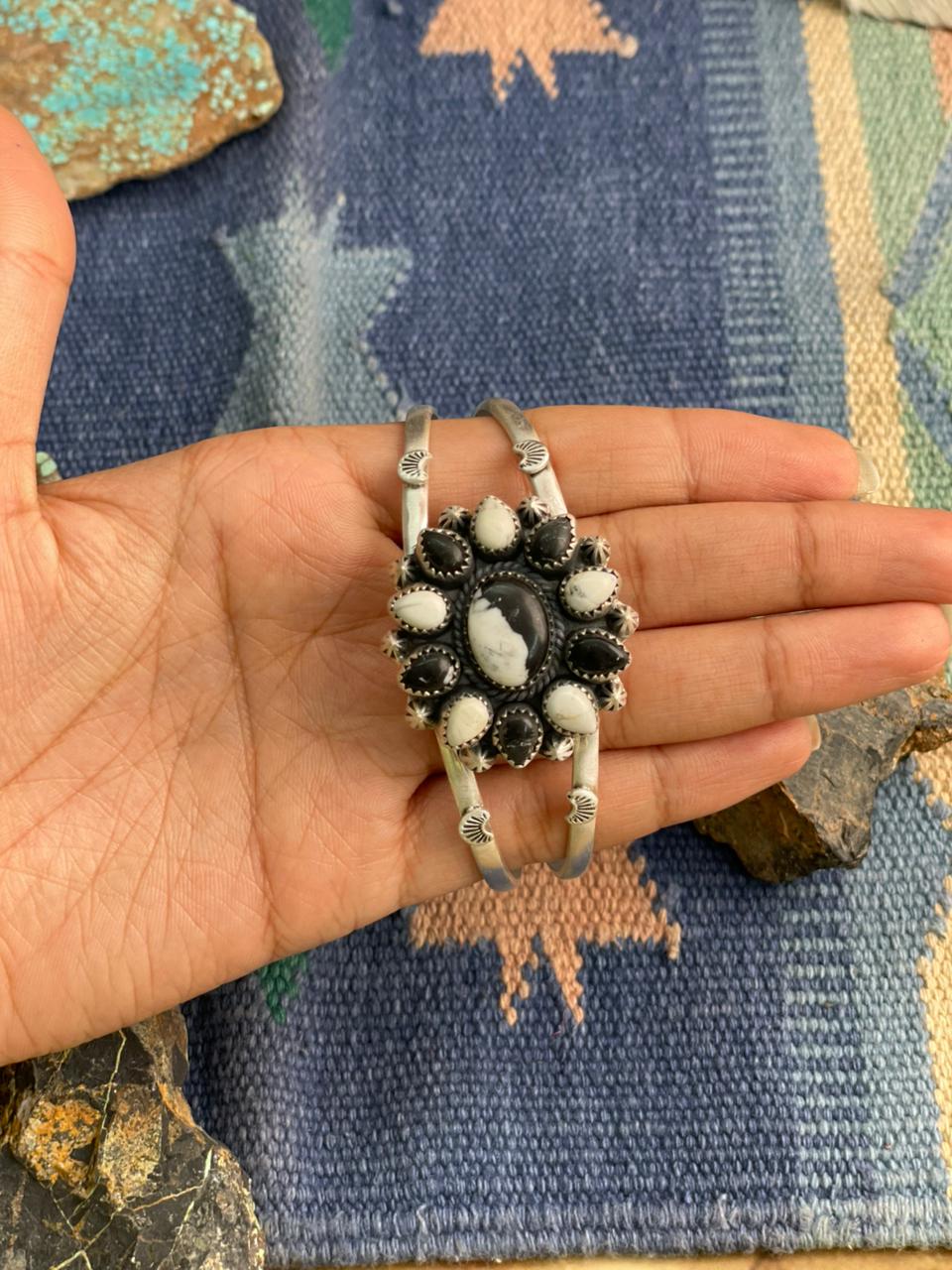 Handmade Sterling Silver White Buffalo Cuff Bracelet "Signed Nizhoni" (1)