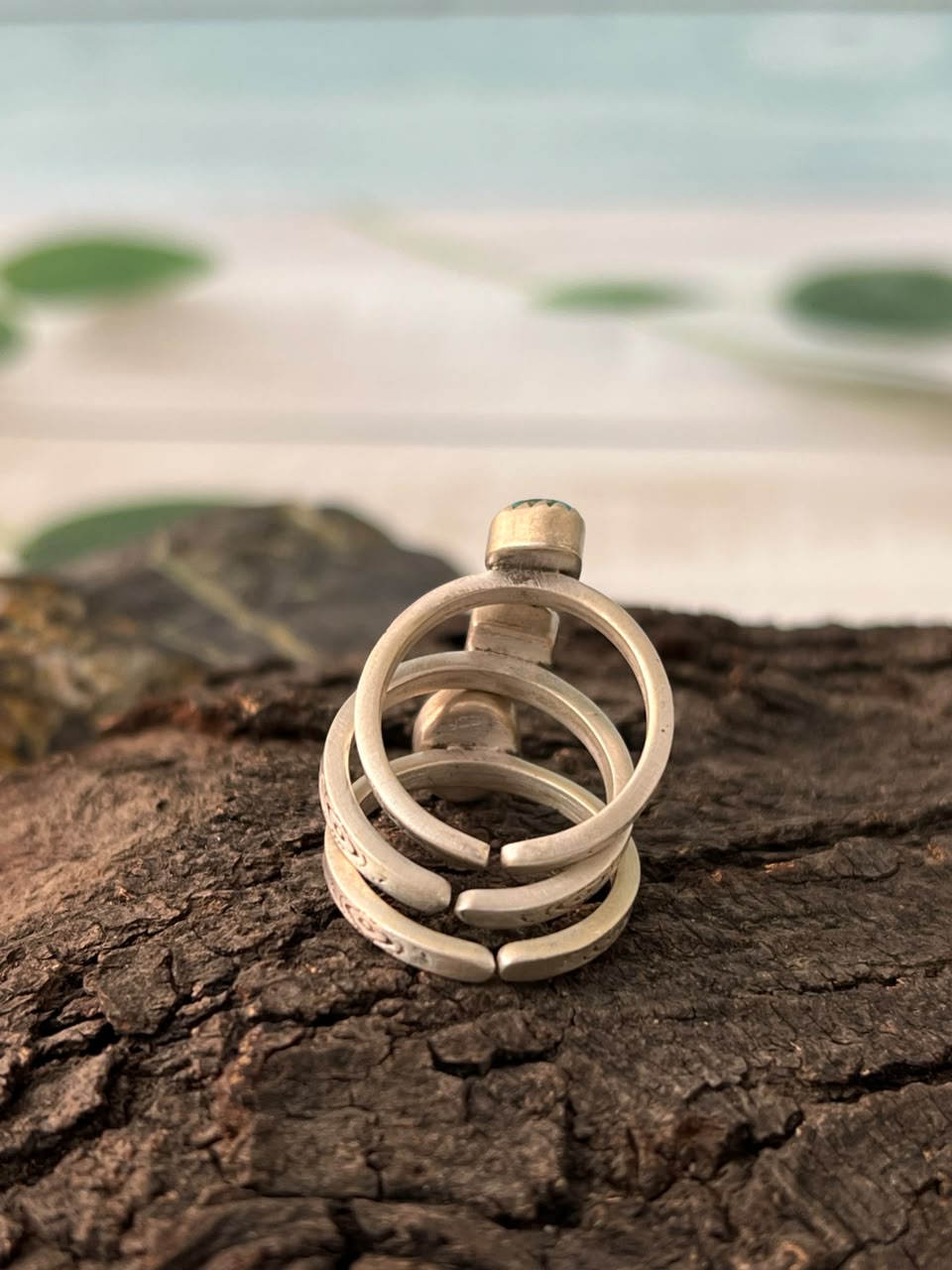 Handmade Sterling Silver Golden Hills with Sonoran Mountain and Blackjack Turquoise Adjustable Stackable Ring