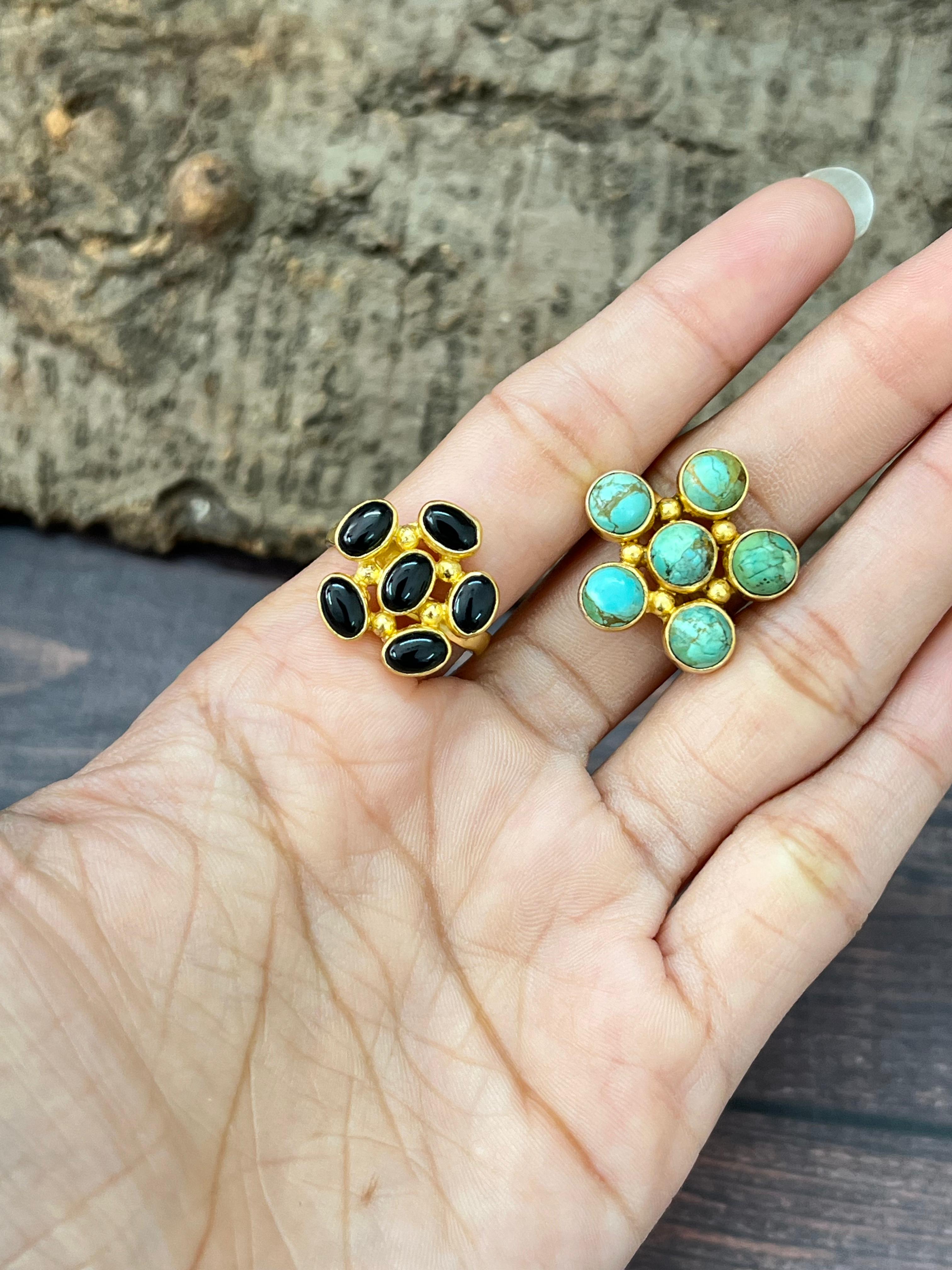 “The Golden Collection” Natural Old Stock Royston Turquoise, Black Onyx Adjustable Ring