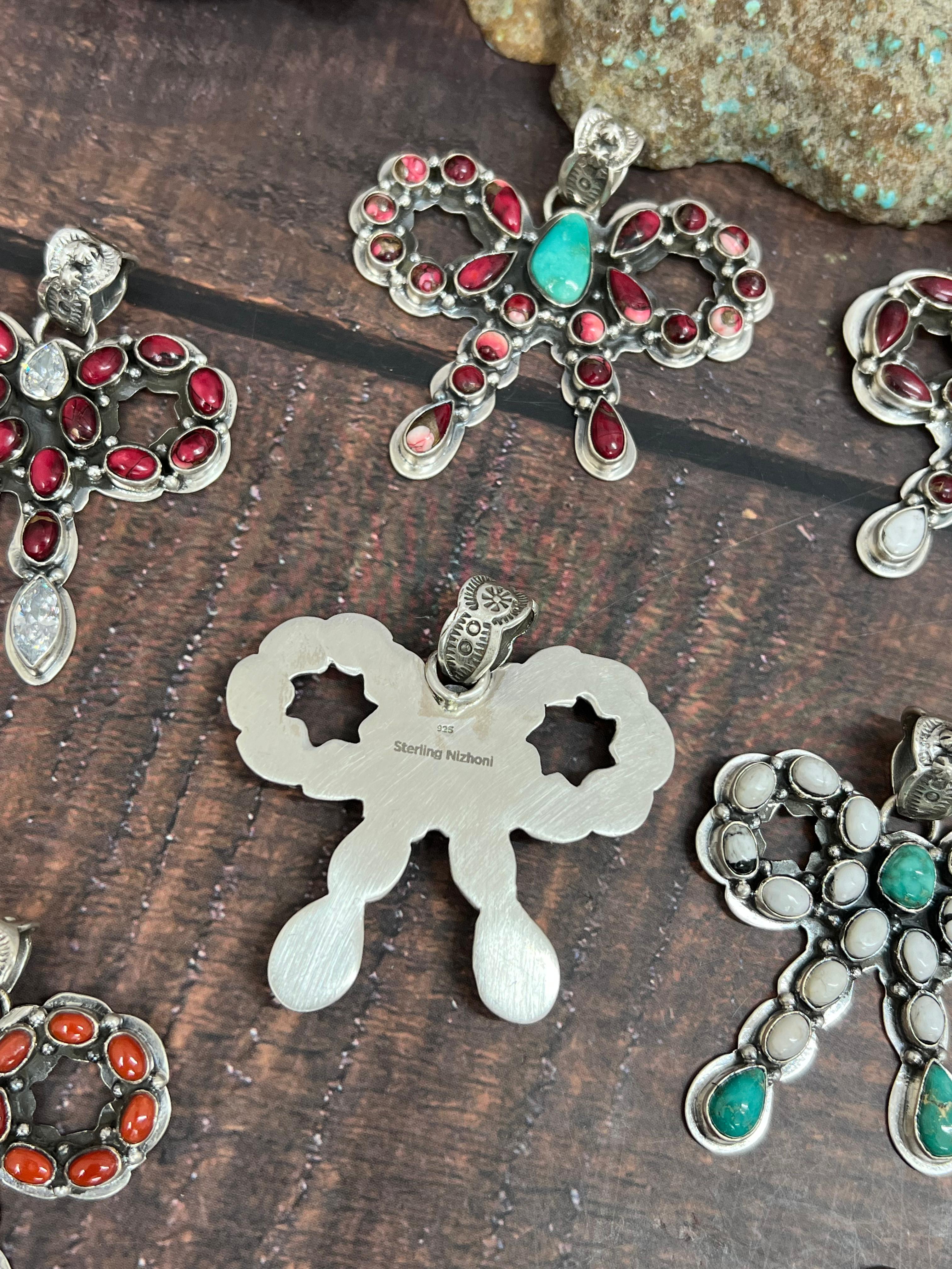 Handmade Sterling Silver Multi Stones Bow Pendant Signed Nizhoni