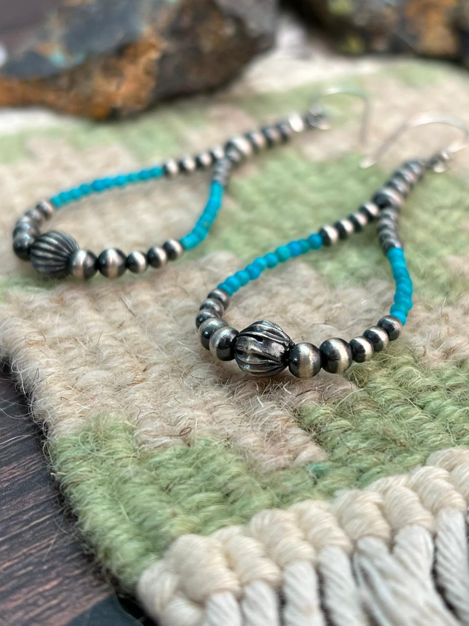 Handmade Sterling Silver Kingman Turquoise Hook Beaded Earrings