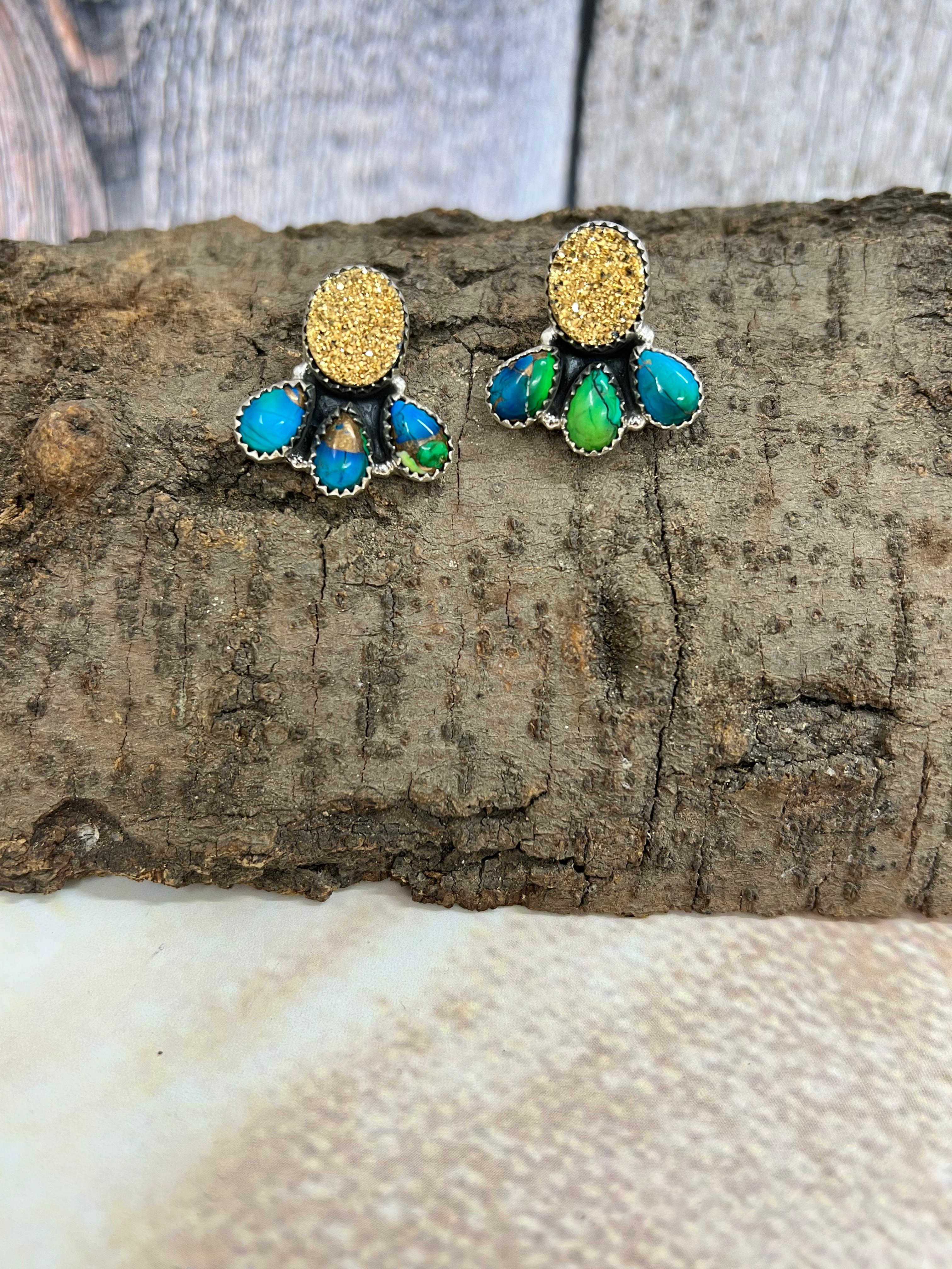 Handmade Sterling Silver Peacock Dahlia with Druzy Studs with Signed Nizhoni