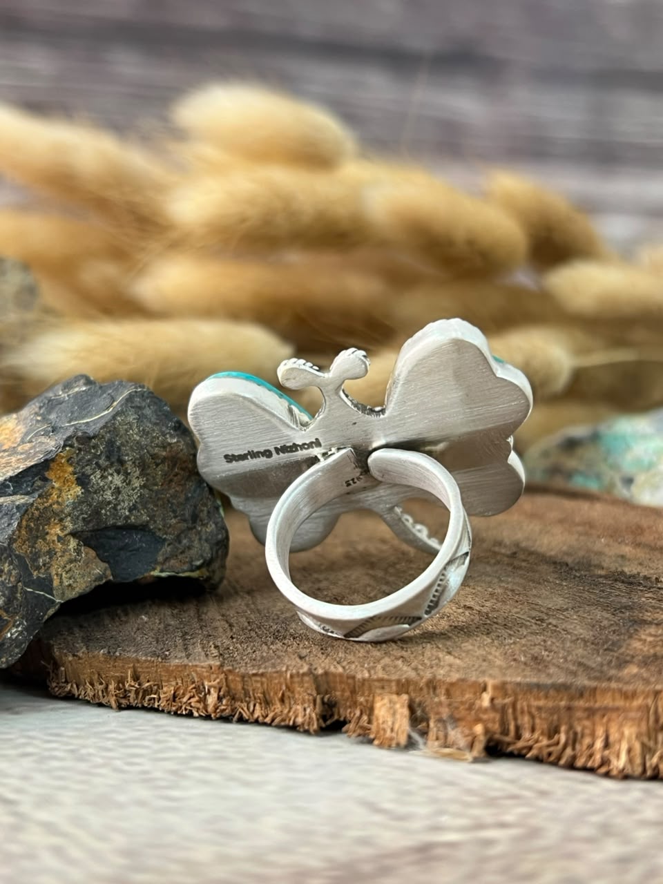 Handmade Sterling Silver Santa Maria Turquoise Dragonfly Adjustable Ring Signed Nizhoni