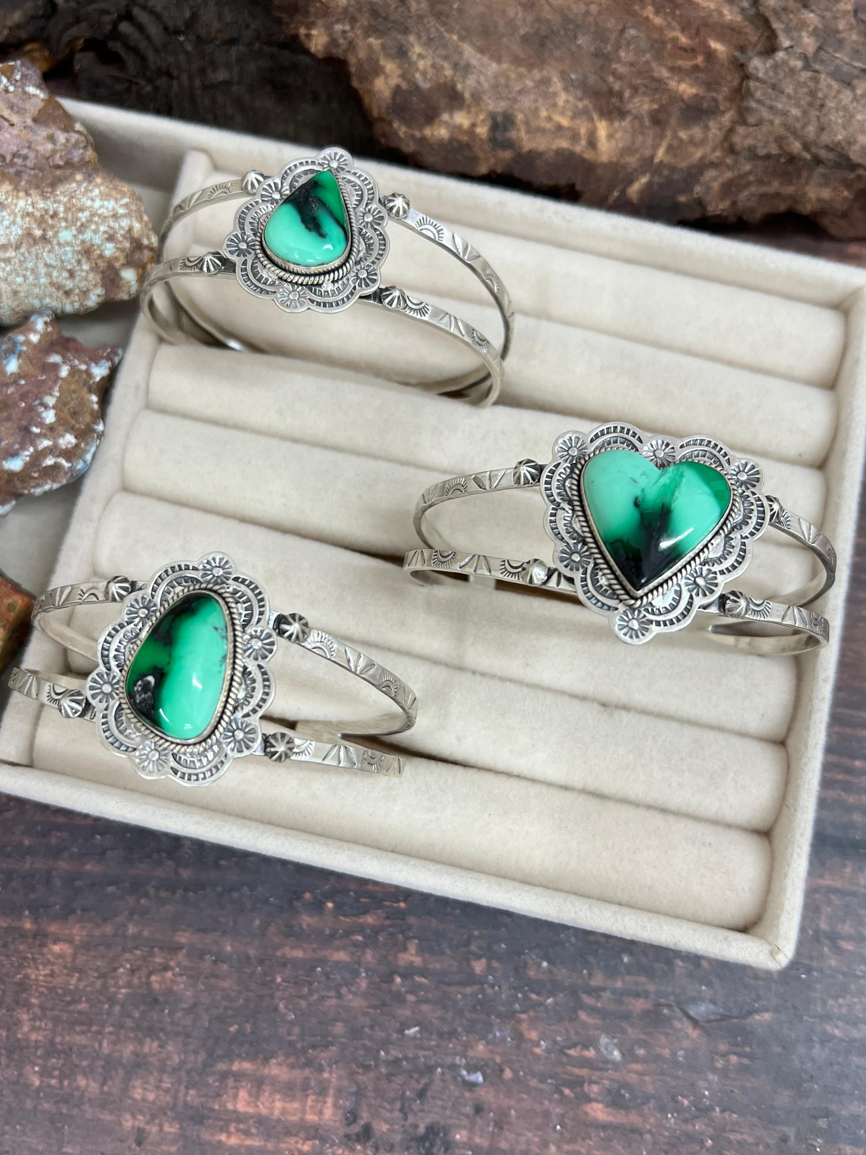 Handmade Sterling Silver Emerald Rose Cuff Bracelet with Signed Nizhoni