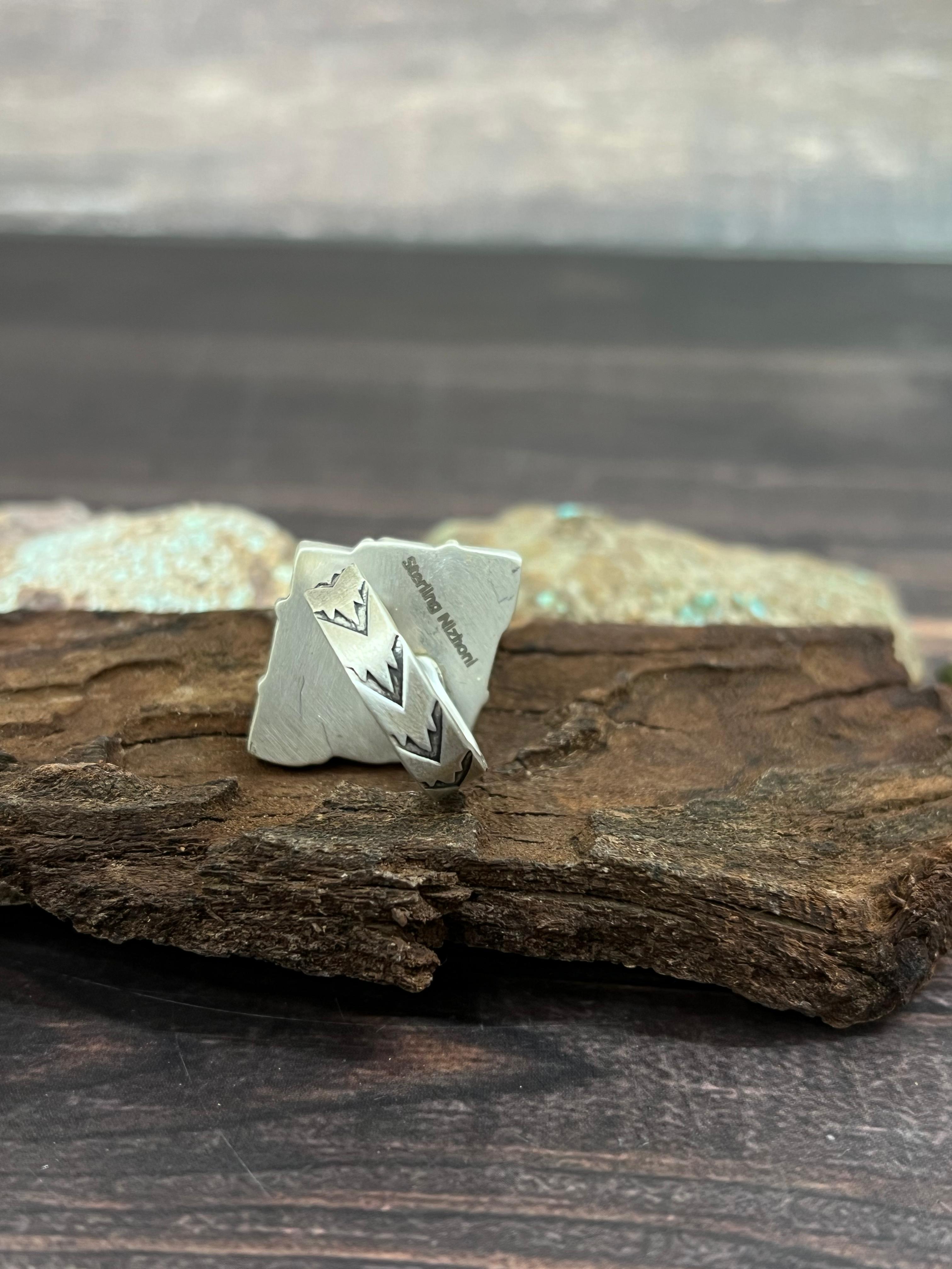 Handmade Sterling Silver Kingman with White Buffalo Turquoise Adjustable Ring with Signed Nizhoni