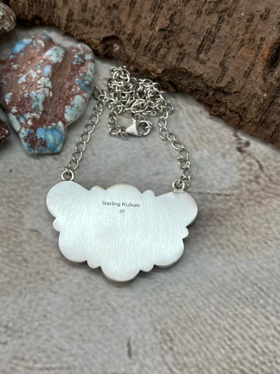 Handmade Sterling Silver Lander Turquoise Necklace with Signed Nizhoni