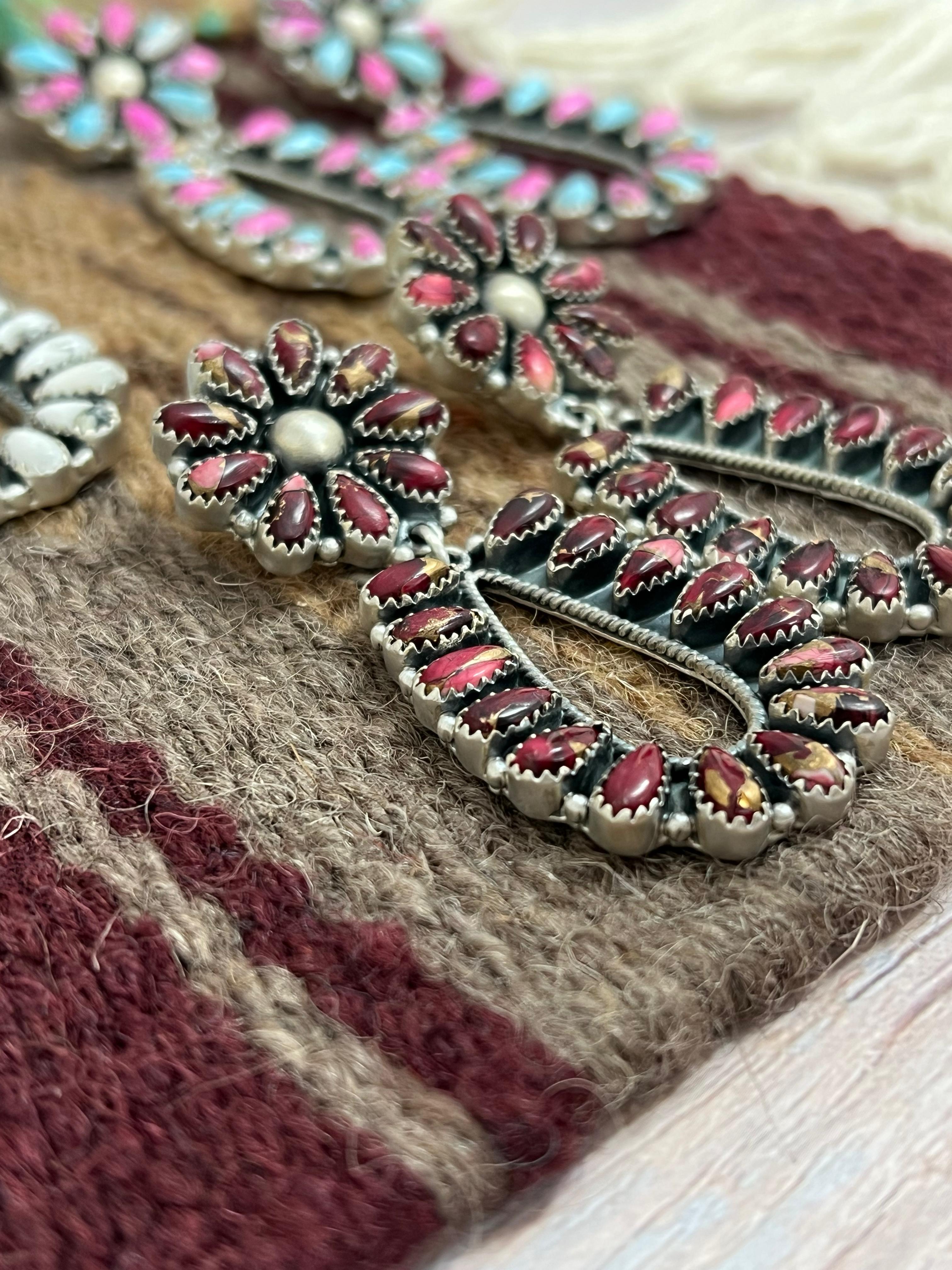 Handmade Sterling Silver White Buffalo, Dahlia Rose, Cotton Candy Turquoise Dangle Earrings, Signed Nizhoni