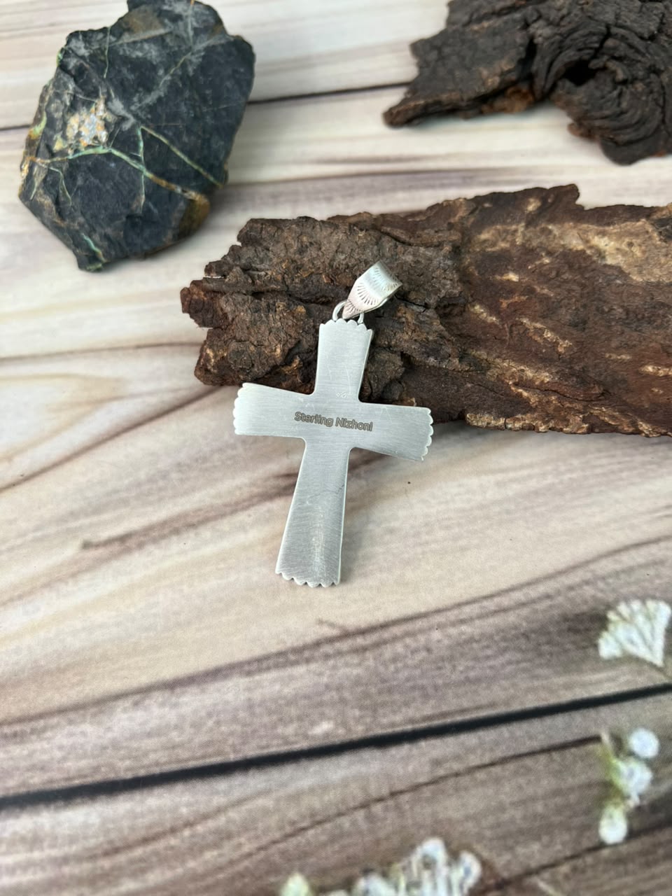 Handmade Sterling Silver Kingman Turquoise Cross Pendant Signed Nizhoni