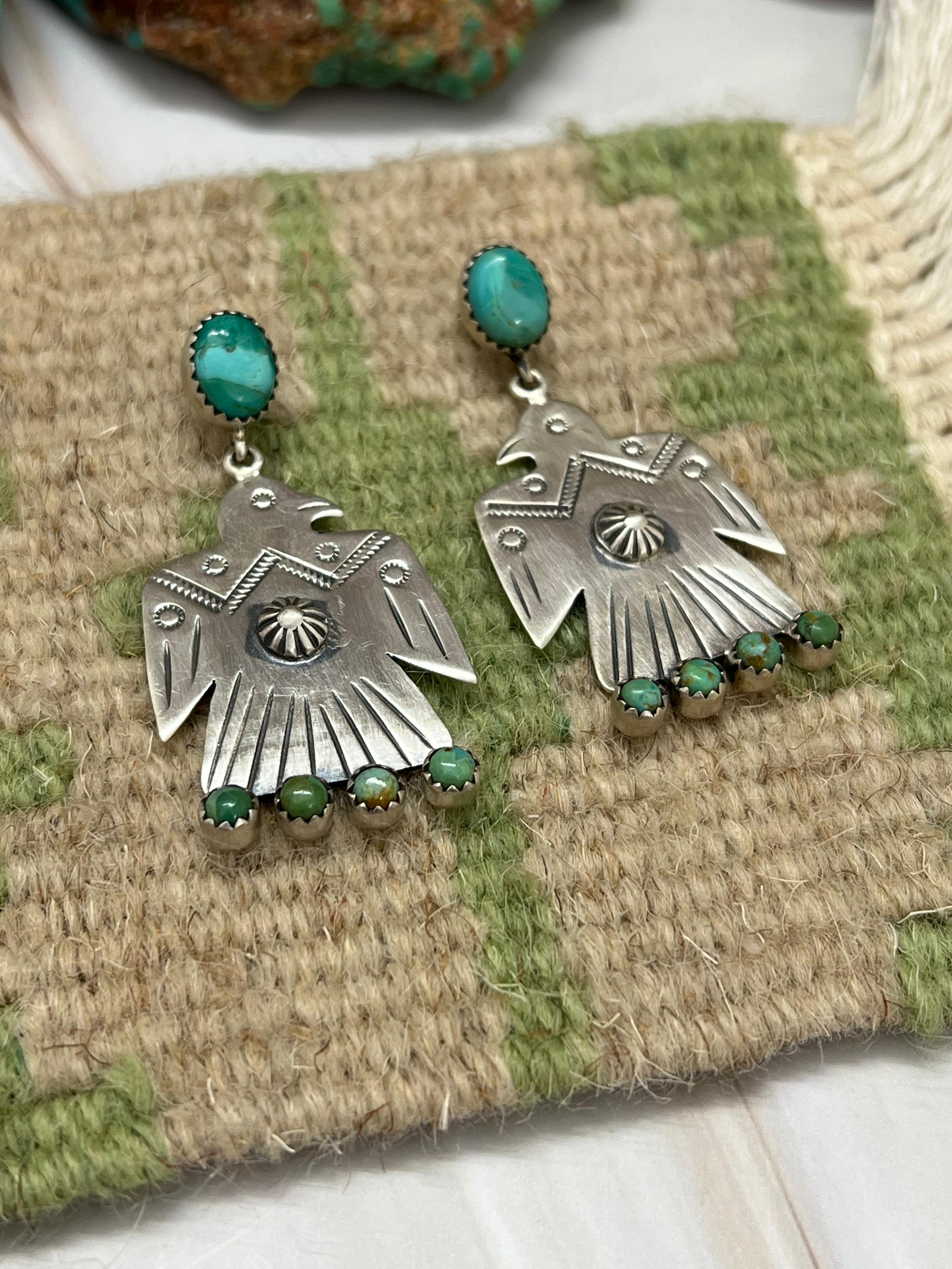 Handmade Sterling Silver Kingman Turquoise Thunder Bird Post Dangle Earrings with Signed Nizhoni