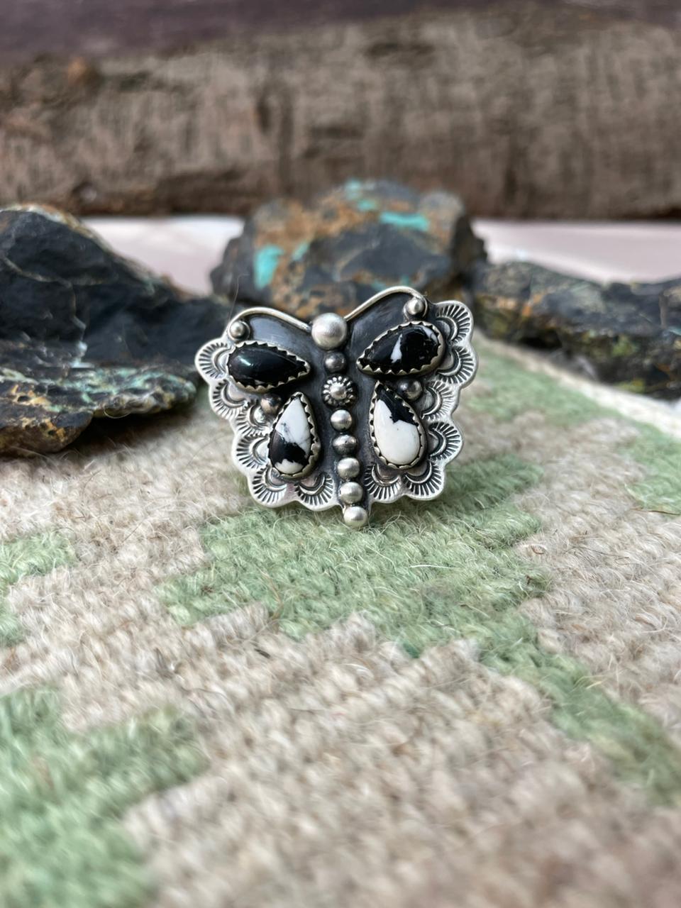 Handmade Sterling Silver White Buffalo Butterfly Adjustable Ring "Signed Nizhoni"