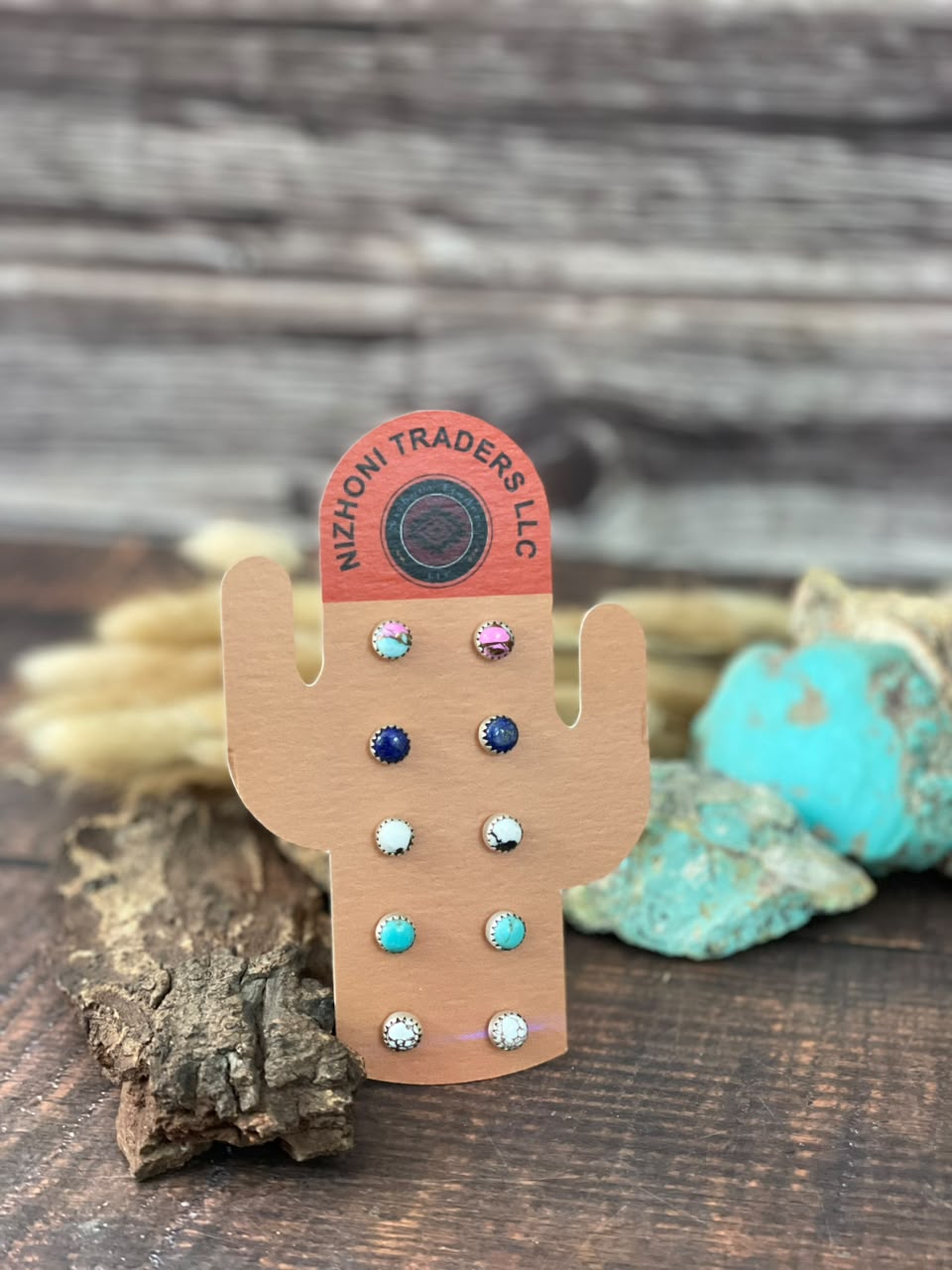 Handmade Sterling Silver Lapis, Kingman Turquoise, White Buffalo, Wild horse and Cotton Candy Post Studs Cards