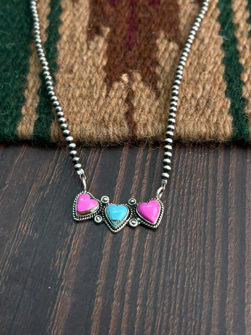 "Heart Collection" Handmade Sterling Silver Beaded Cotton Candy Necklace "Signed Nizhoni"