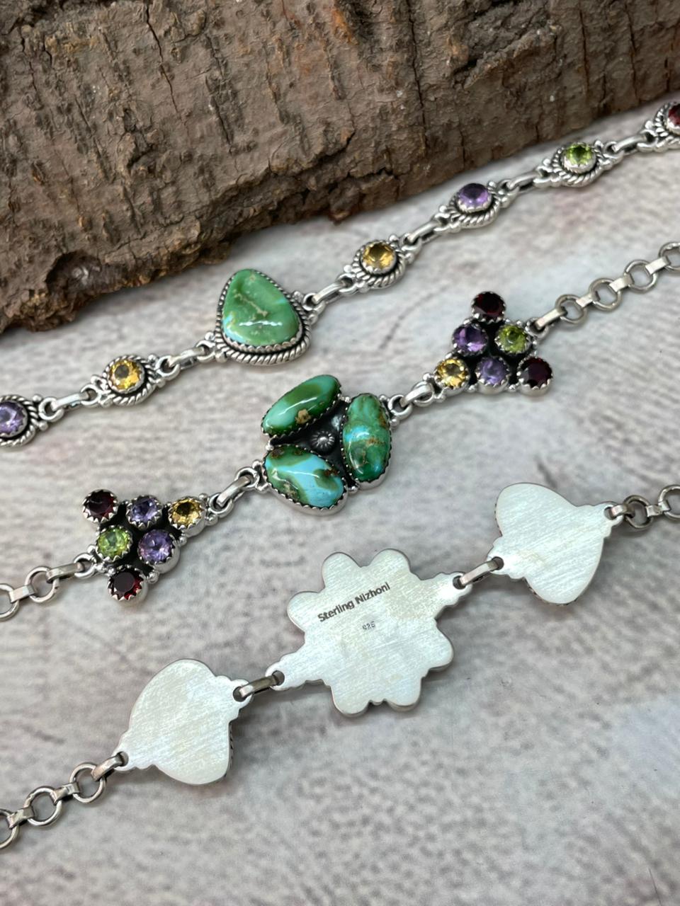 Handmade Sterling Silver Sonoran with Cut Stone Bracelet "Signed Nizhoni"