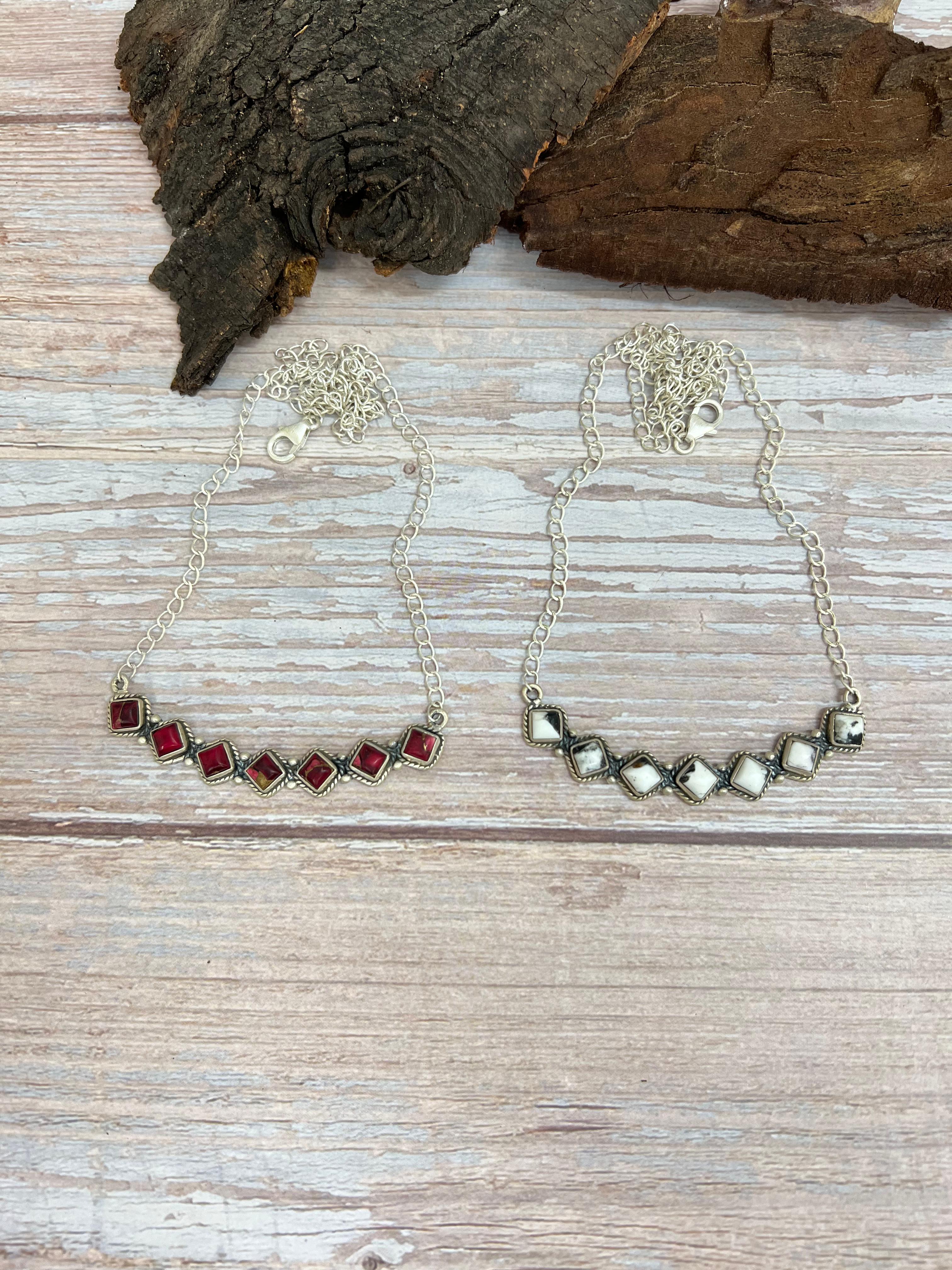 Handmade Sterling Silver White Buffalo, Dahlia Rose Necklace with Signed Nizhoni