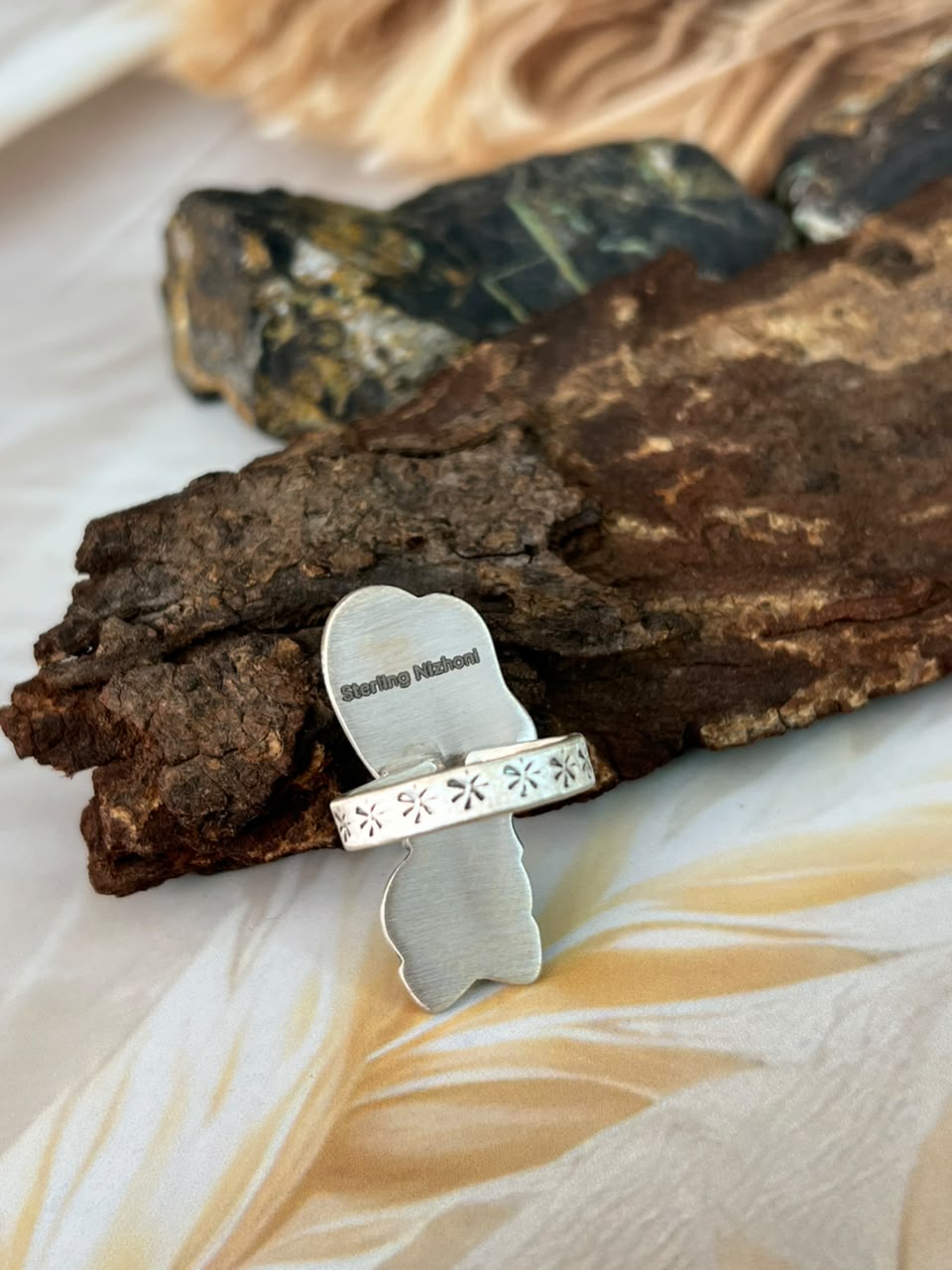 Handmade Sterling Silver Kingman Turquoise Adjustable Cat Ring Signed Nizhoni